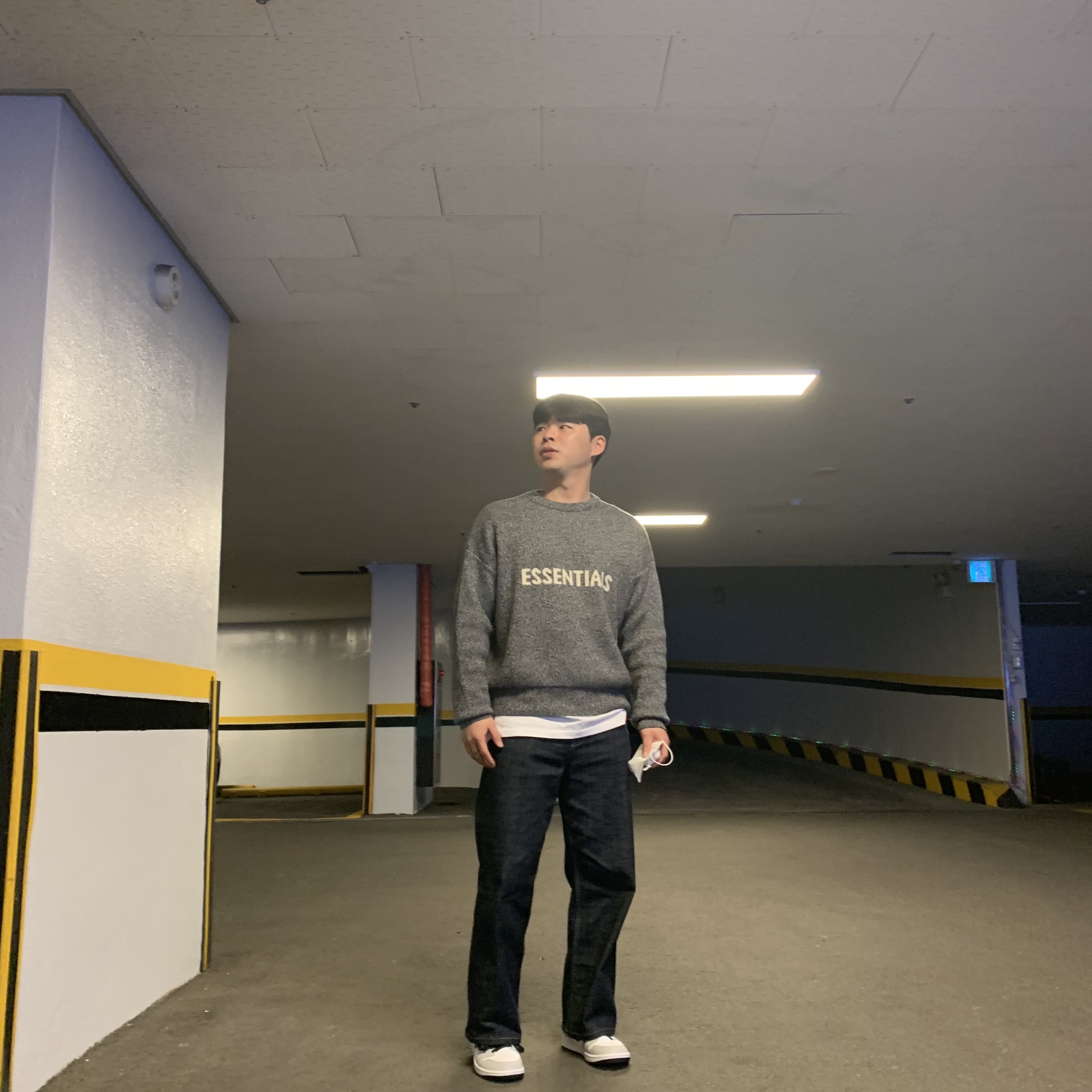 (W) Jordan 1 Mid Grey Fog, Essentials Knit Sweater Grey Melange - 20SS 착용 스타일