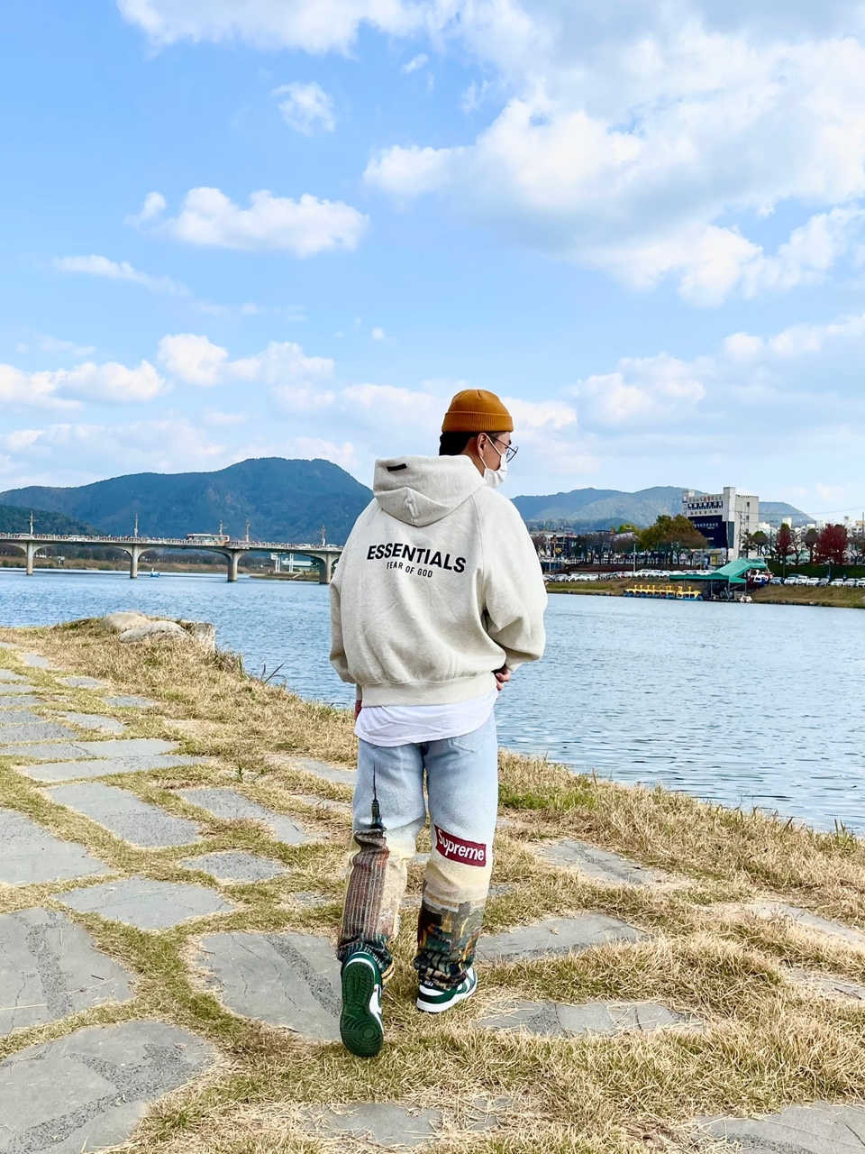 Nike Dunk Low Retro Varsity Green, Supreme Aerial Tapestry Regular Jean - 20FW 착용 스타일