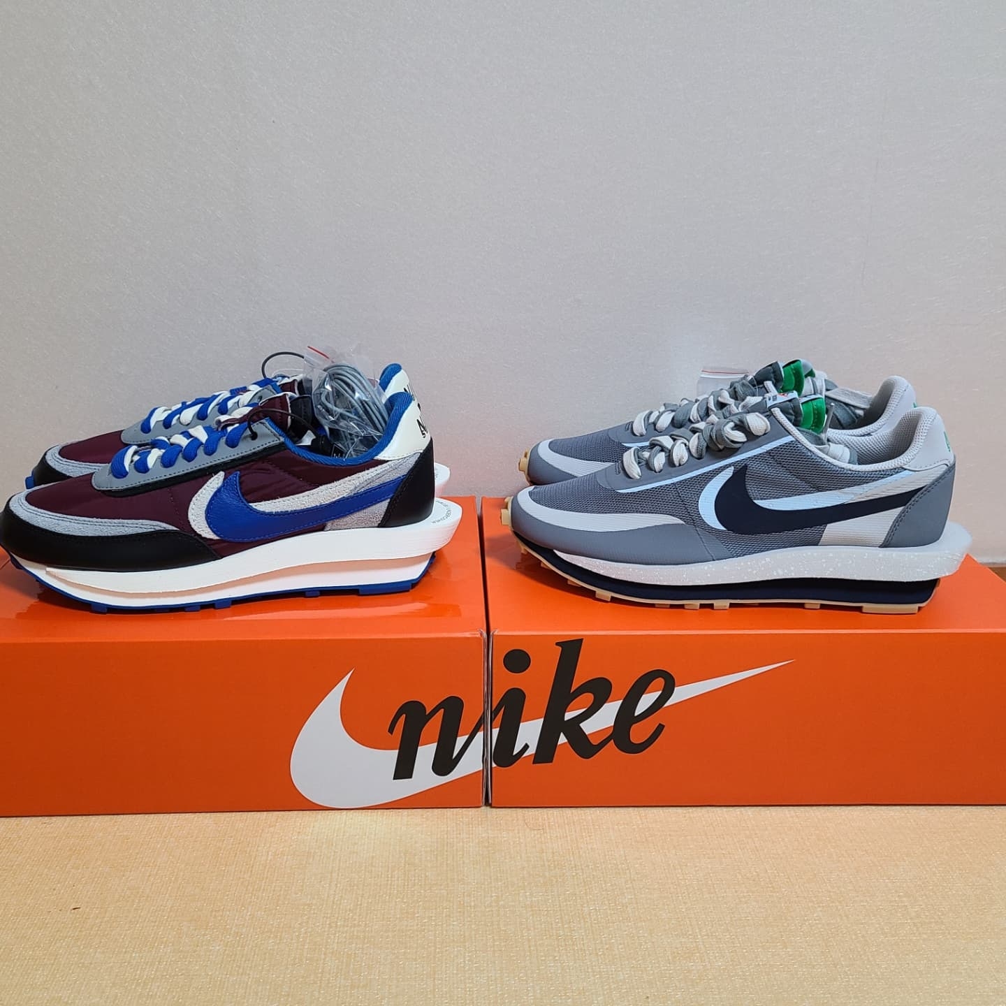 Nike x Sacai x Undercover LDWaffle Night Maroon Team Royal, Nike x Sacai x Clot LDWaffle Cool Grey 착용 스타일