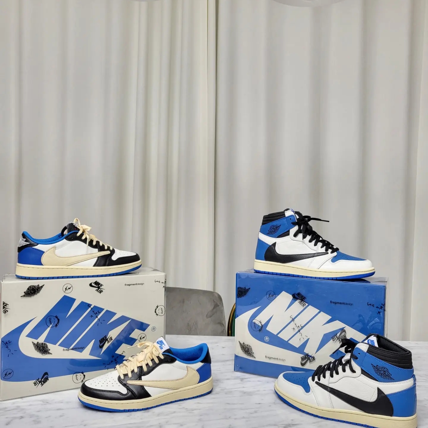 Jordan 1 x Travis Scott x Fragment Retro High OG SP Military Blue, Jordan 1 x Travis Scott x Fragment Retro Low OG SP Military Blue 착용 스타일 - 3