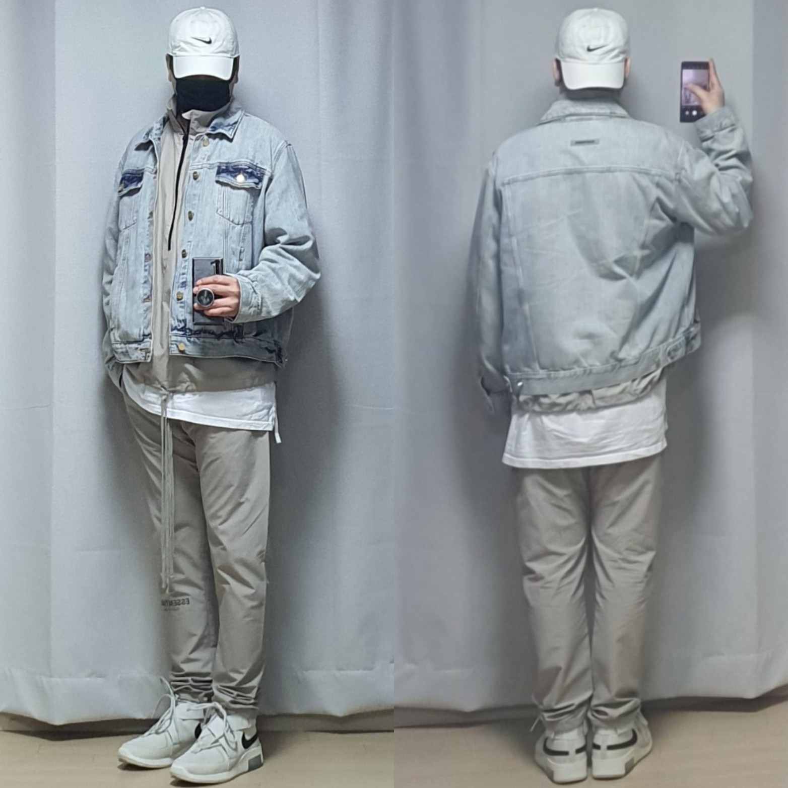 Essentials Denim Trucker Jacket Light Indigo - 20FW, Essentials Track Jacket Moss - 20FW 착용 스타일 - 1
