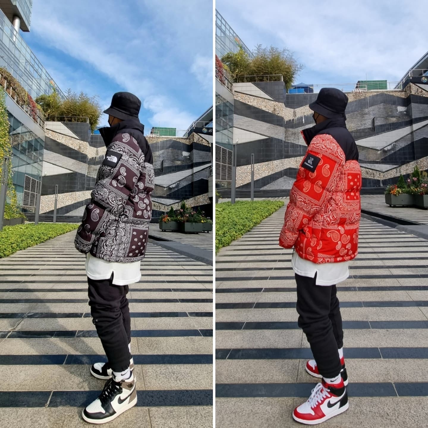 The North Face Nuptse Down Jacket Black, The North Face Nuptse Down Jacket Red 착용 스타일 - 1