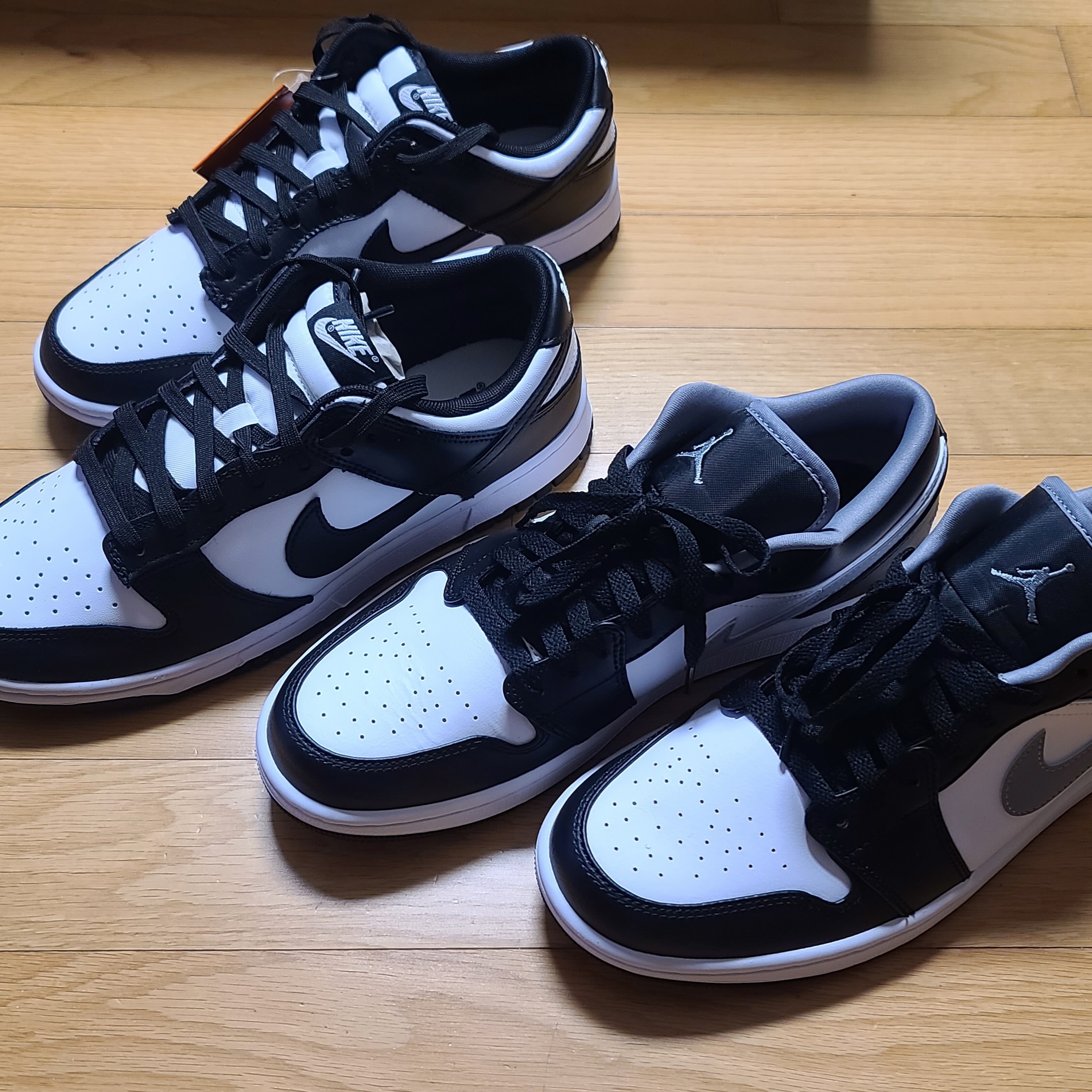 Nike Dunk Low Retro Black, Jordan 1 Low Black Particle Grey 착용 스타일 - 5