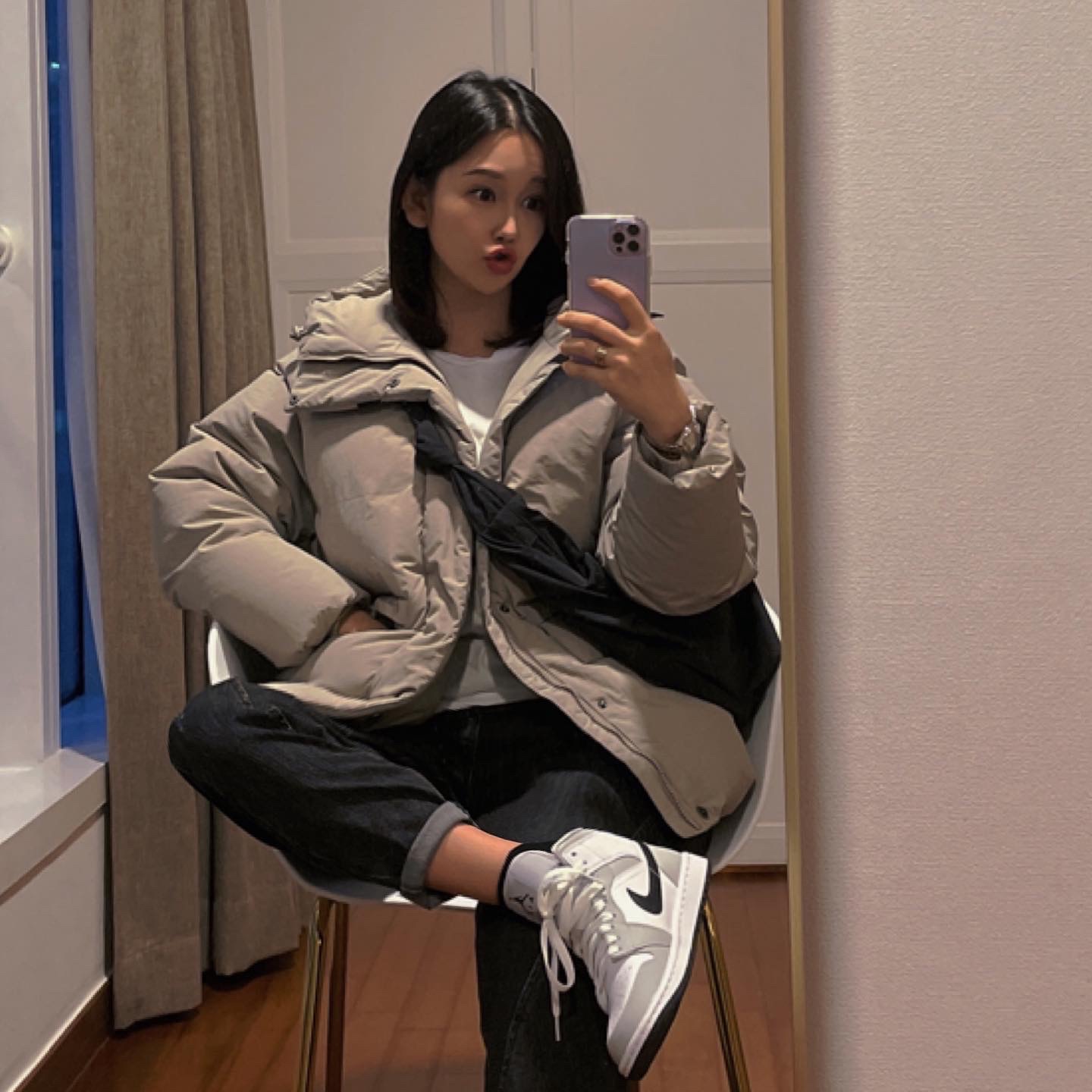 (W) Jordan 1 Mid Grey Fog 착용 스타일