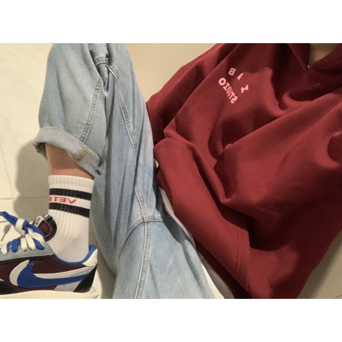IAB Studio Hoodie Raspberry, Nike x Sacai x Undercover LDWaffle Night Maroon Team Royal 착용 스타일 - 2