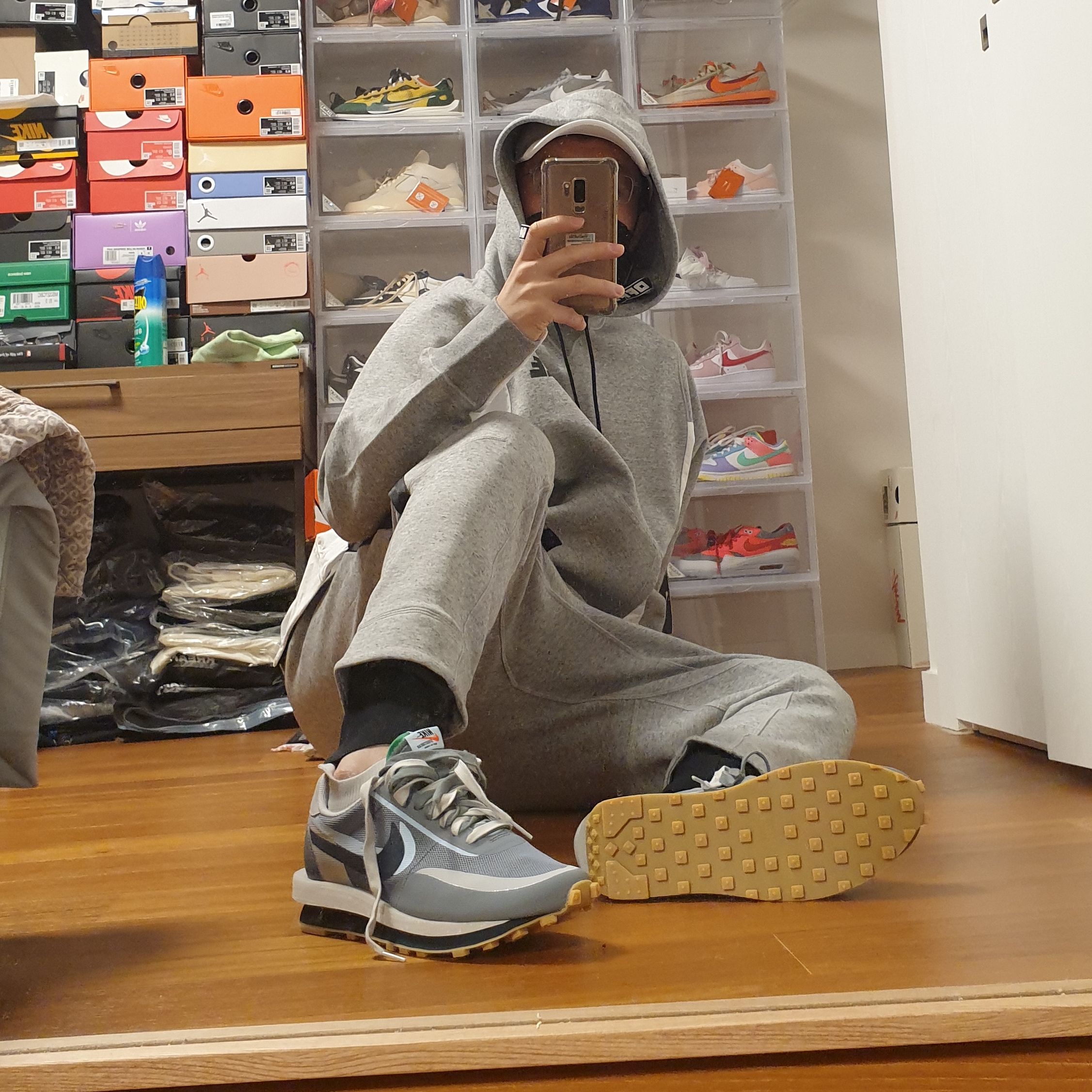 Nike x Sacai x Clot LDWaffle Cool Grey, Nike x Sacai NRG Pullover Hoodie Dark Grey Heather - US/EU 착용 스타일 - 3