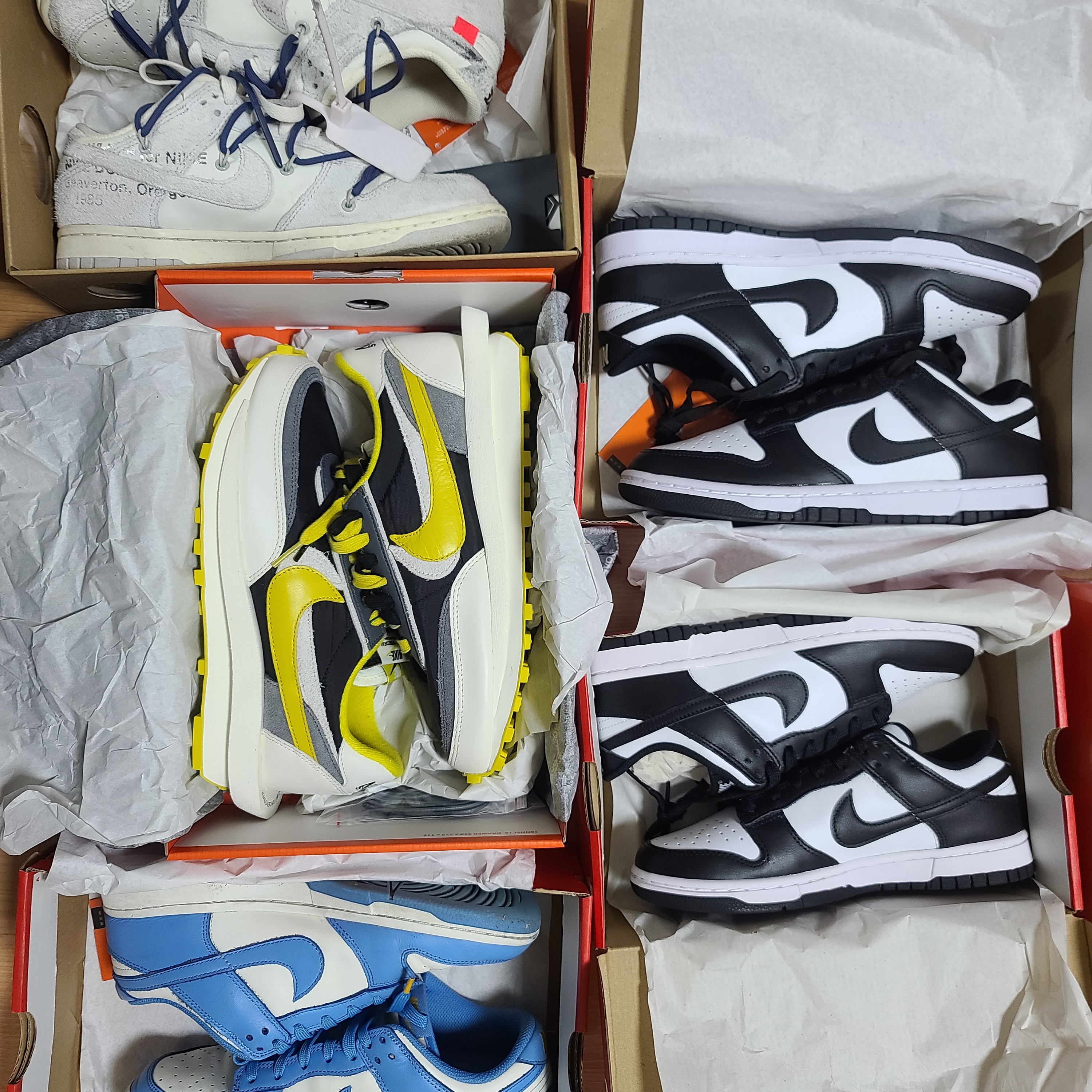 Nike x Sacai x Undercover LDWaffle Black Bright Citron, Nike x Off-White Dunk Low The 50 - Lot 18 착용 스타일