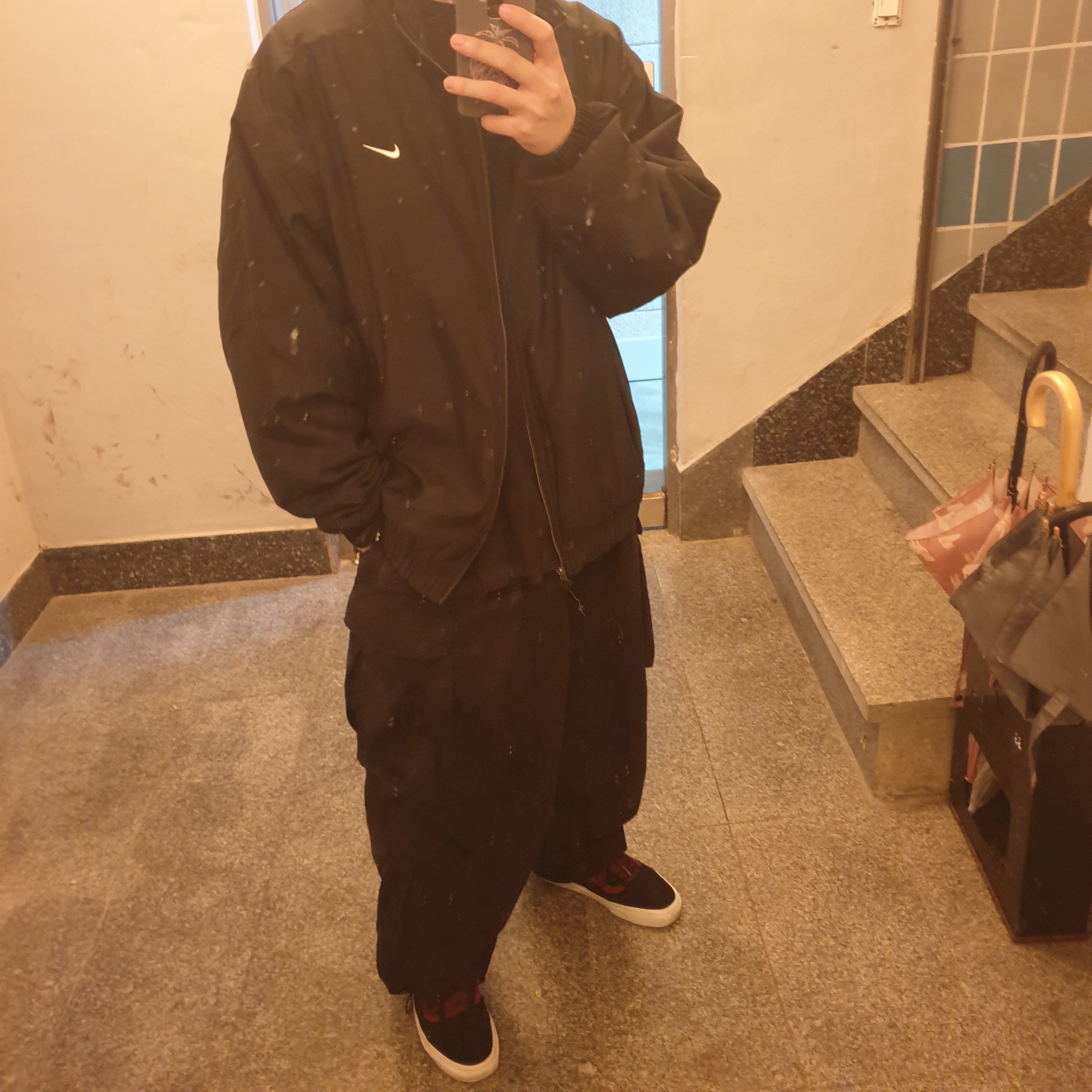 Nike NRG Solo Swoosh Satin Bomber Jacket Black Kumquat - US/EU 착용 스타일 - 1