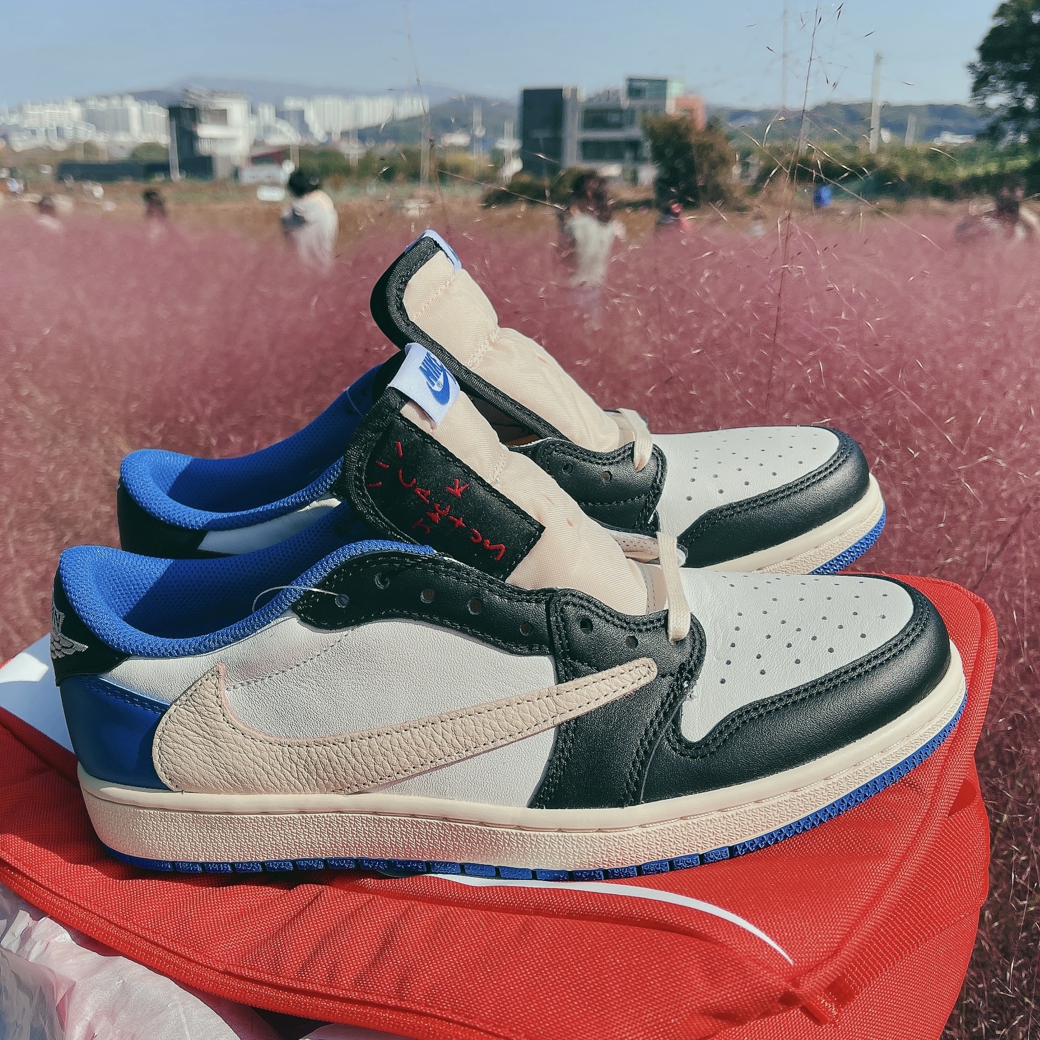 Jordan 1 x Travis Scott x Fragment Retro Low OG SP Military Blue 착용 스타일 - 3