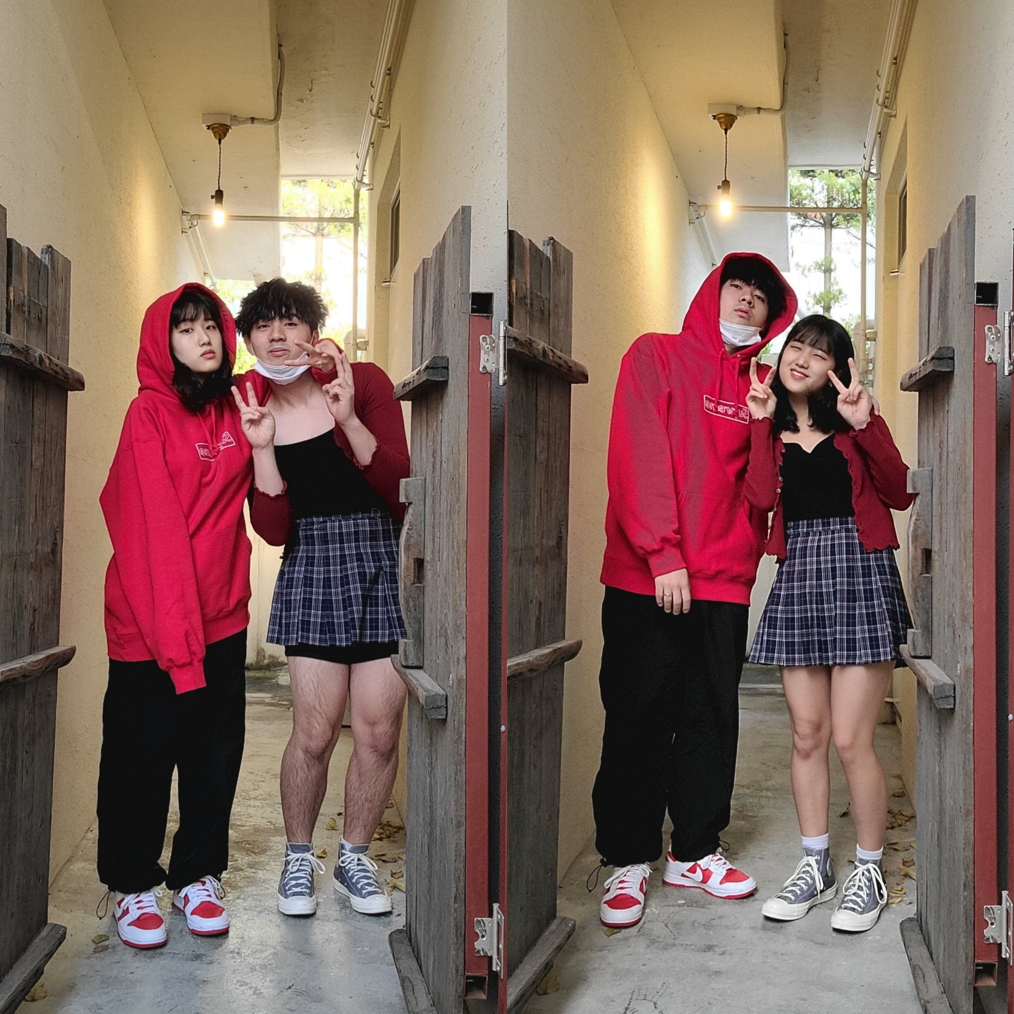 Supreme x Kaws Chalk Logo Hooded Sweatshirt Red - 21SS, Nike Dunk Low Retro Championship Red 착용 스타일 - 1