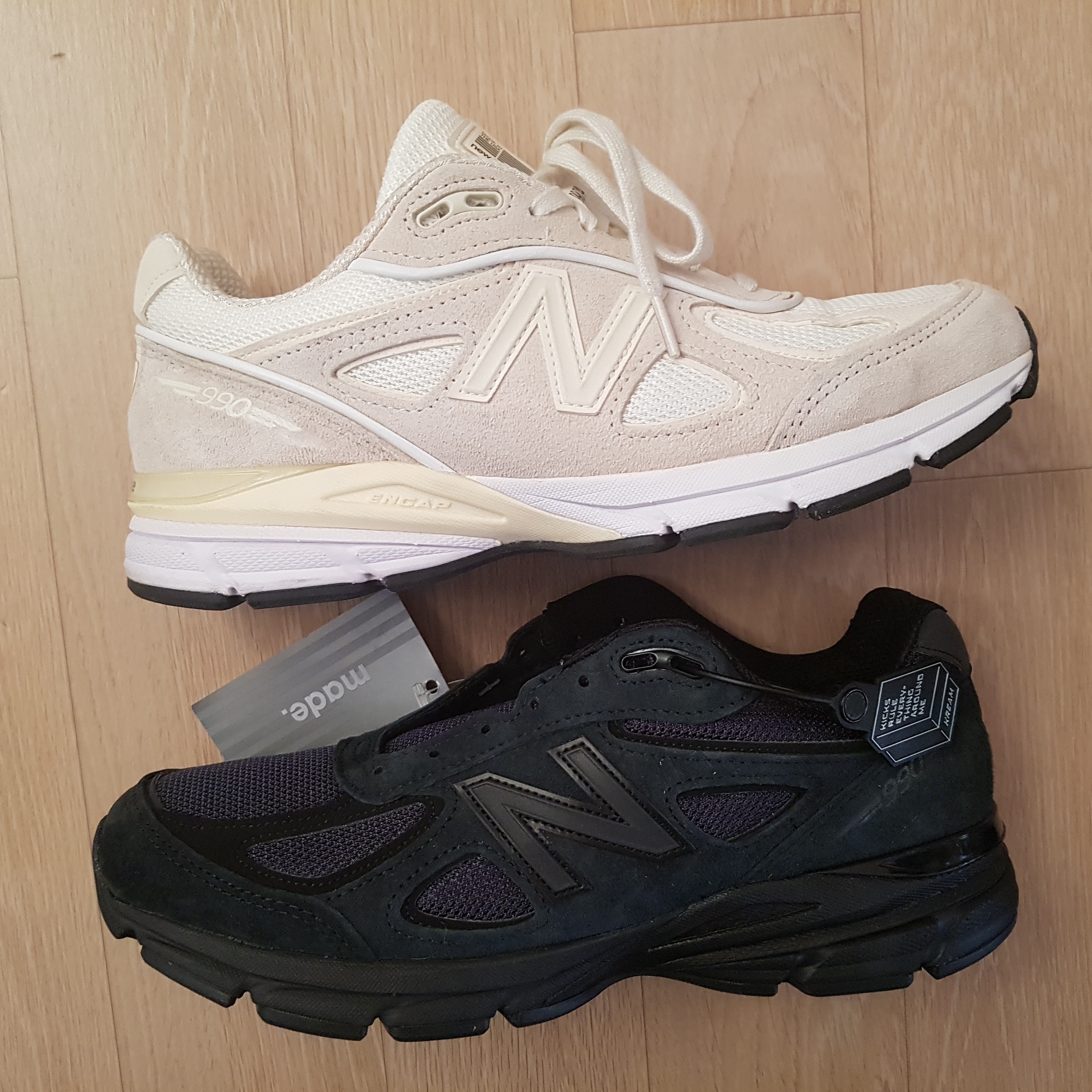 New Balance x JJJJound 990v4 Navy, New Balance x Stussy 990v4 Made in USA Cream 착용 스타일 - 1