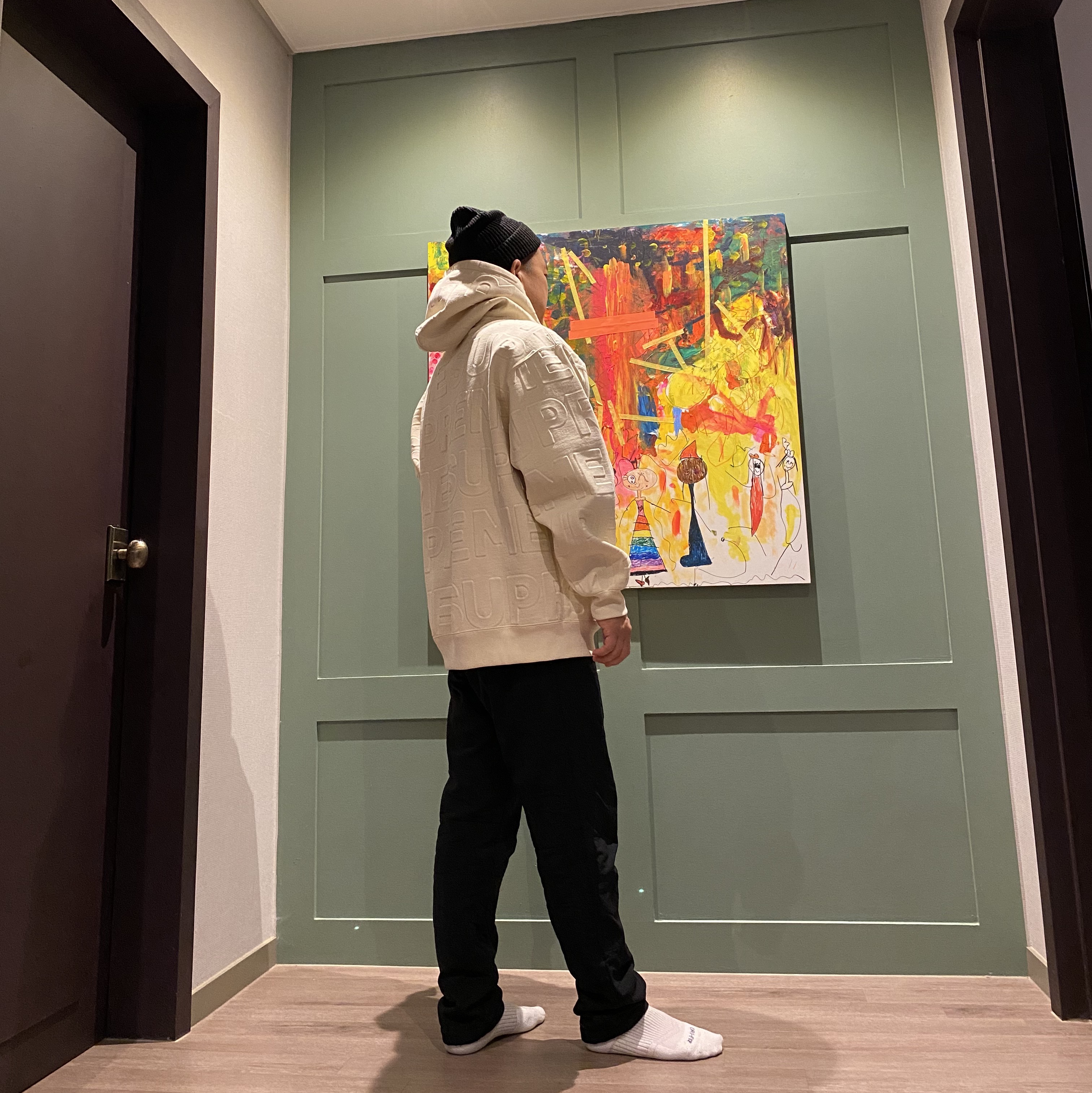 Supreme Embossed Logos Hooded Sweatshirt Natural - 21SS, Supreme Loose Gauge Beanie Black 착용 스타일 - 2
