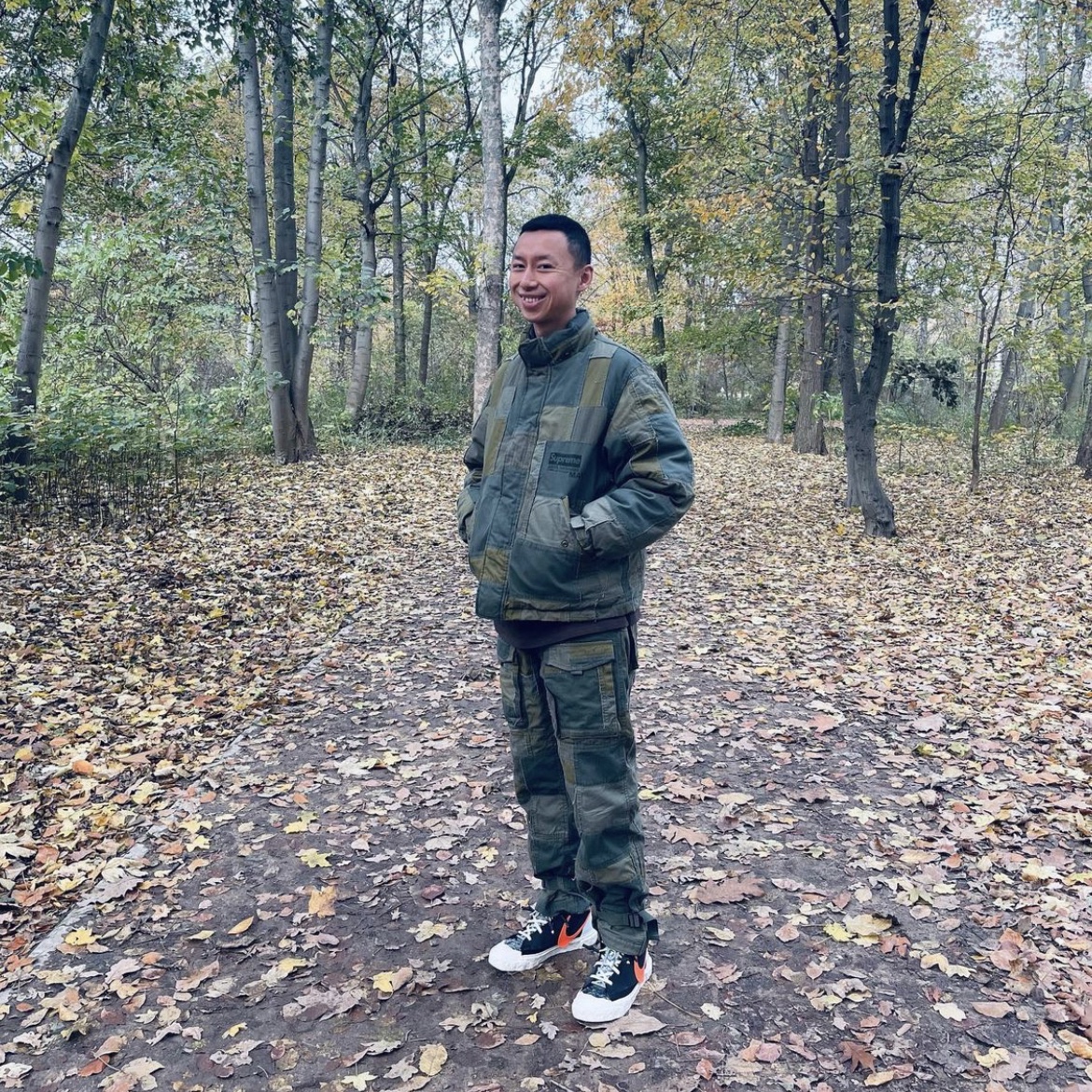 Supreme x Comme des Garcons Junya Watanabe Man Patchwork Puffy Jacket Olive - 21FW, Supreme x Comme des Garcons Junya Watanabe Man Patchwork Cargo Pants Olive - 21FW 착용 스타일