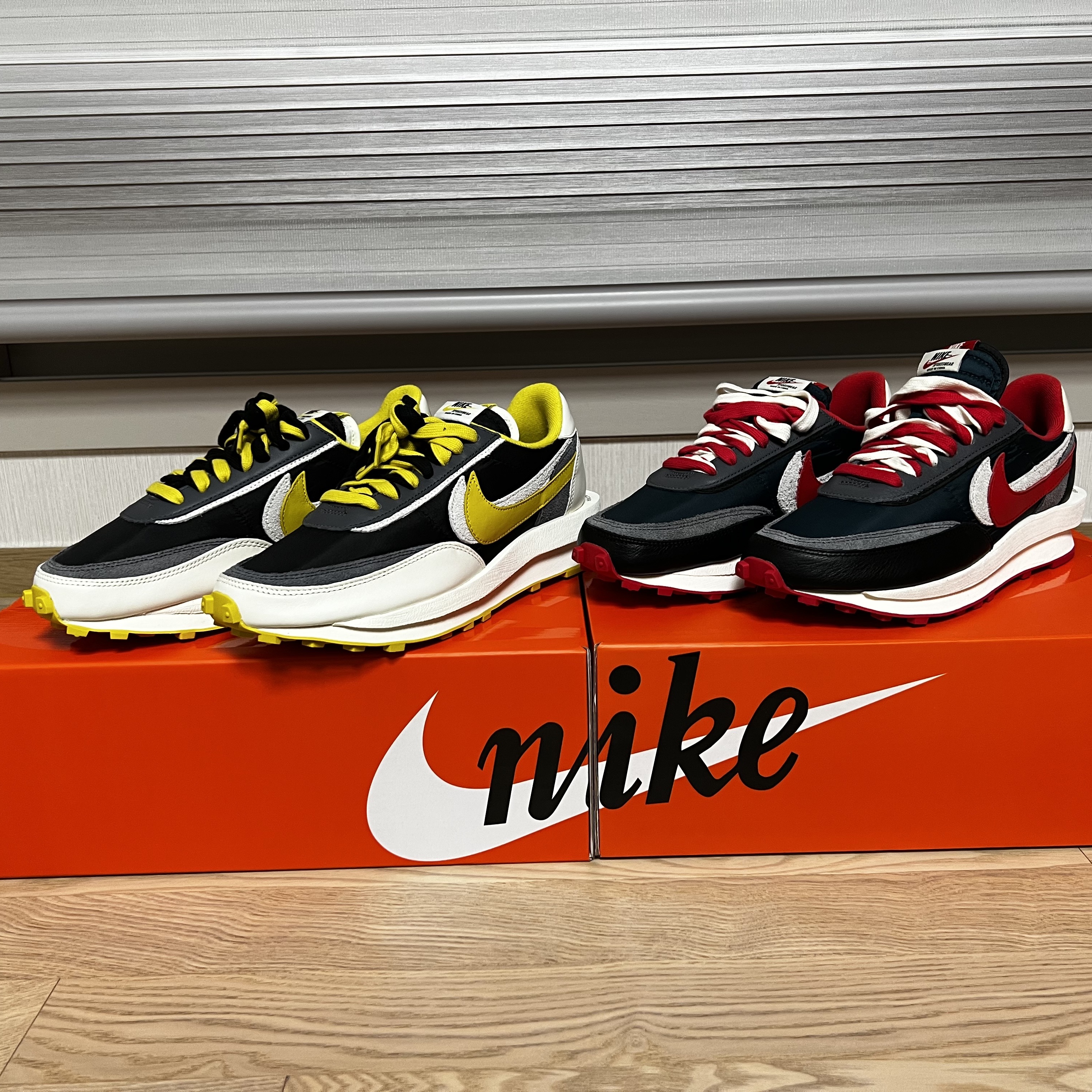Nike x Sacai x Undercover LDWaffle Black Bright Citron, Nike x Sacai x Undercover LDWaffle Midnight Spruce University Red 착용 스타일 - 1