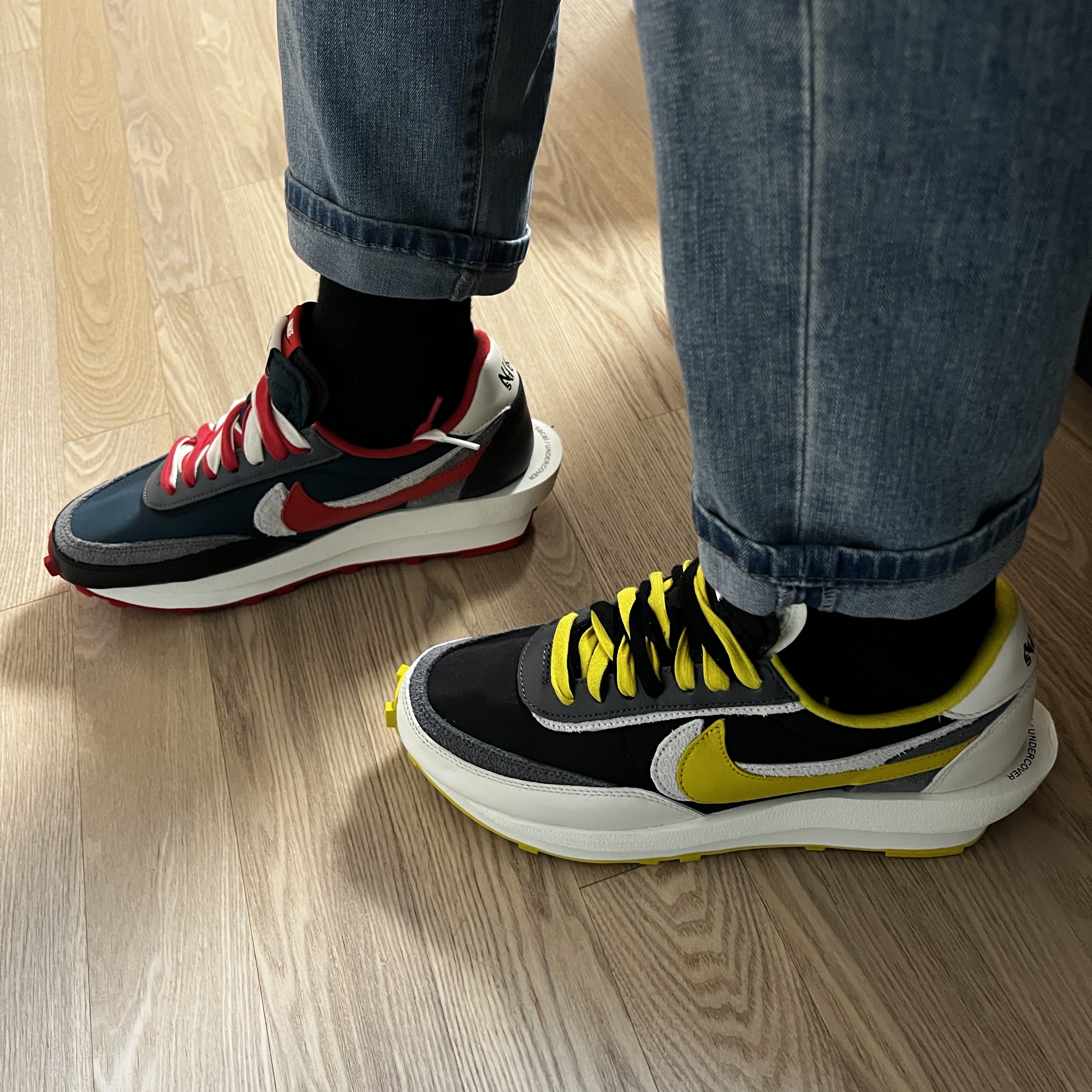 Nike x Sacai x Undercover LDWaffle Black Bright Citron, Nike x Sacai x Undercover LDWaffle Midnight Spruce University Red 착용 스타일 - 3