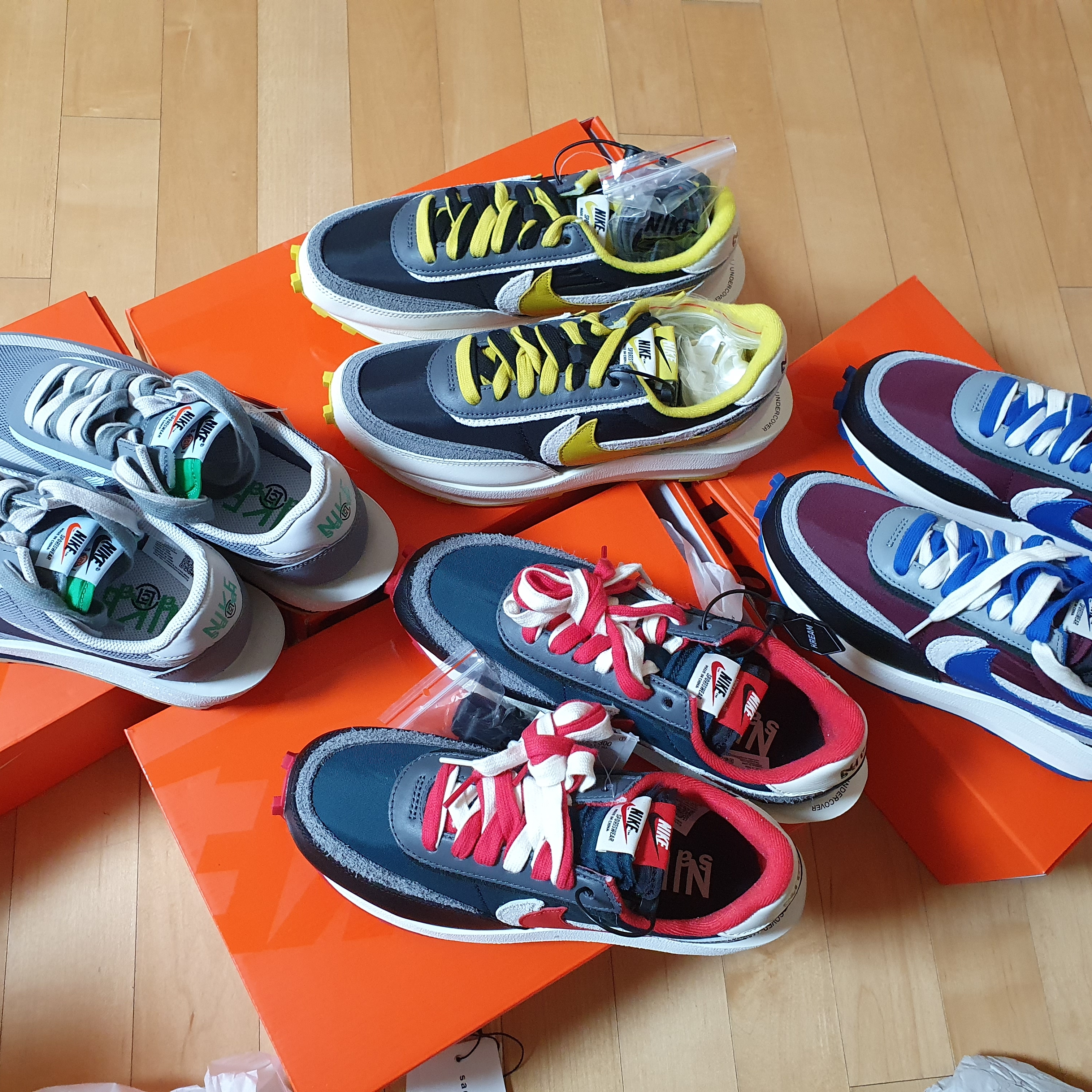 Nike x Sacai x Undercover LDWaffle Black Bright Citron, Nike x Sacai x Undercover LDWaffle Night Maroon Team Royal 착용 스타일