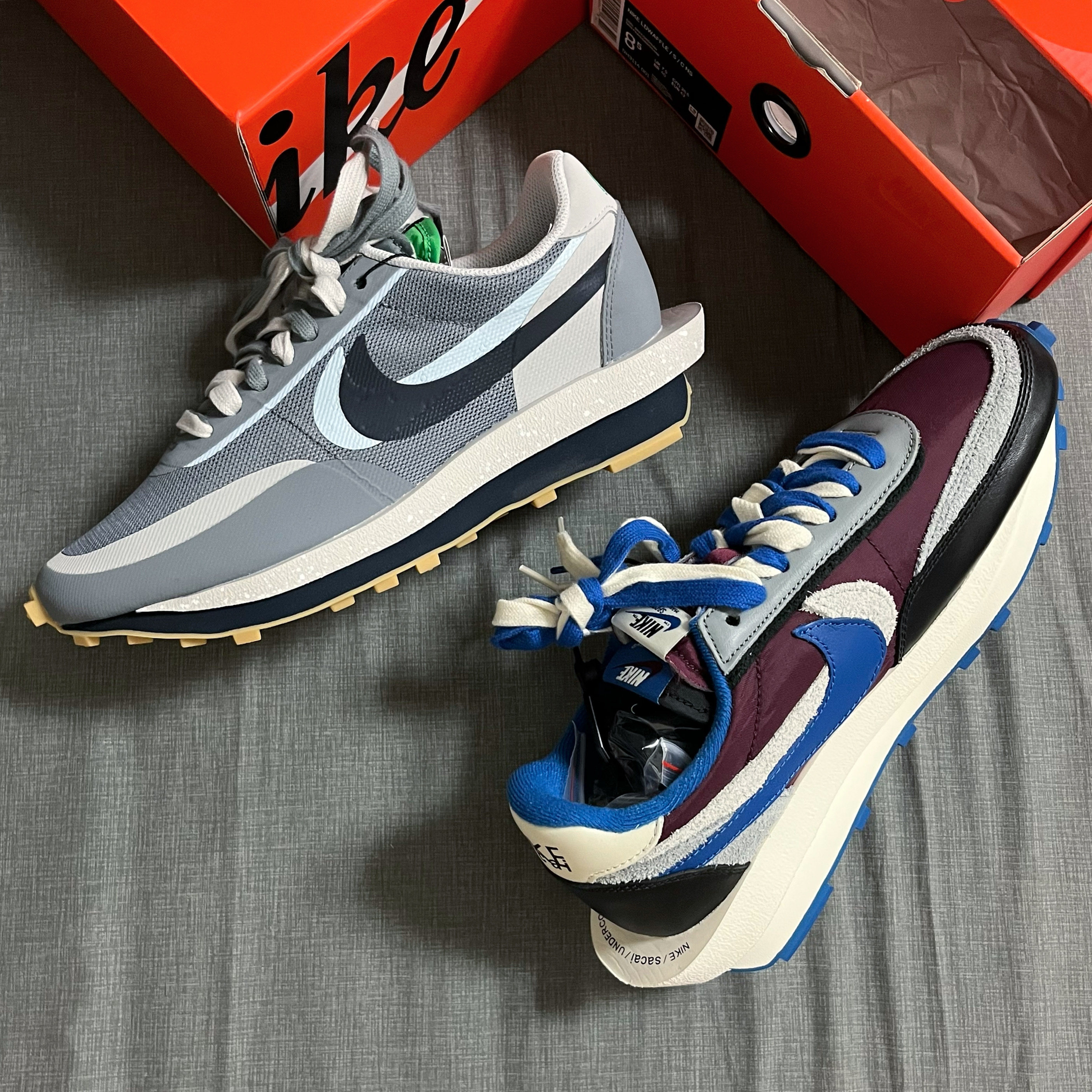Nike x Sacai x Undercover LDWaffle Night Maroon Team Royal, Nike x Sacai x Clot LDWaffle Cool Grey 착용 스타일