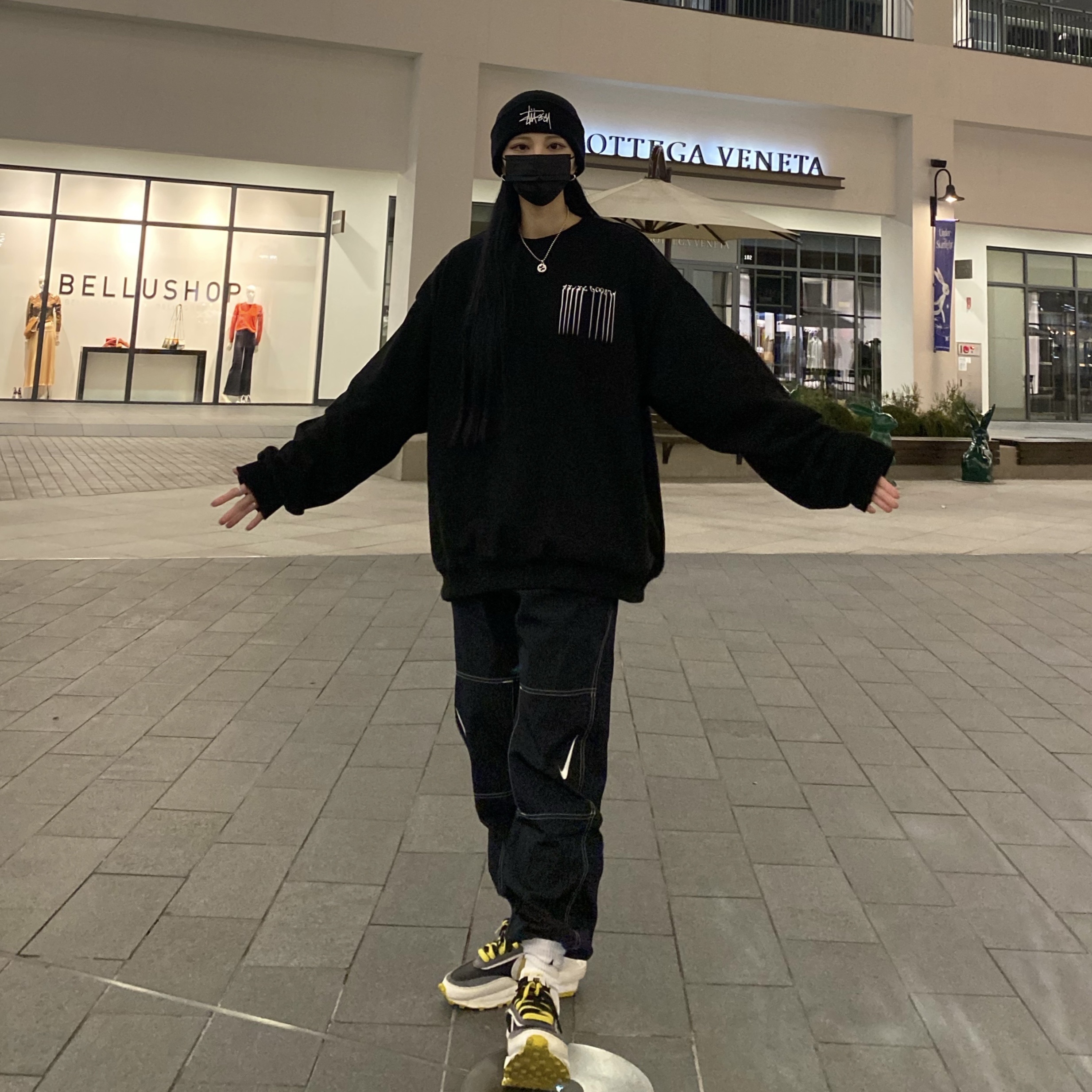 Nike x Sacai x Undercover LDWaffle Black Bright Citron, Nike x Stussy Cuff Beanie Black 착용 스타일 - 3