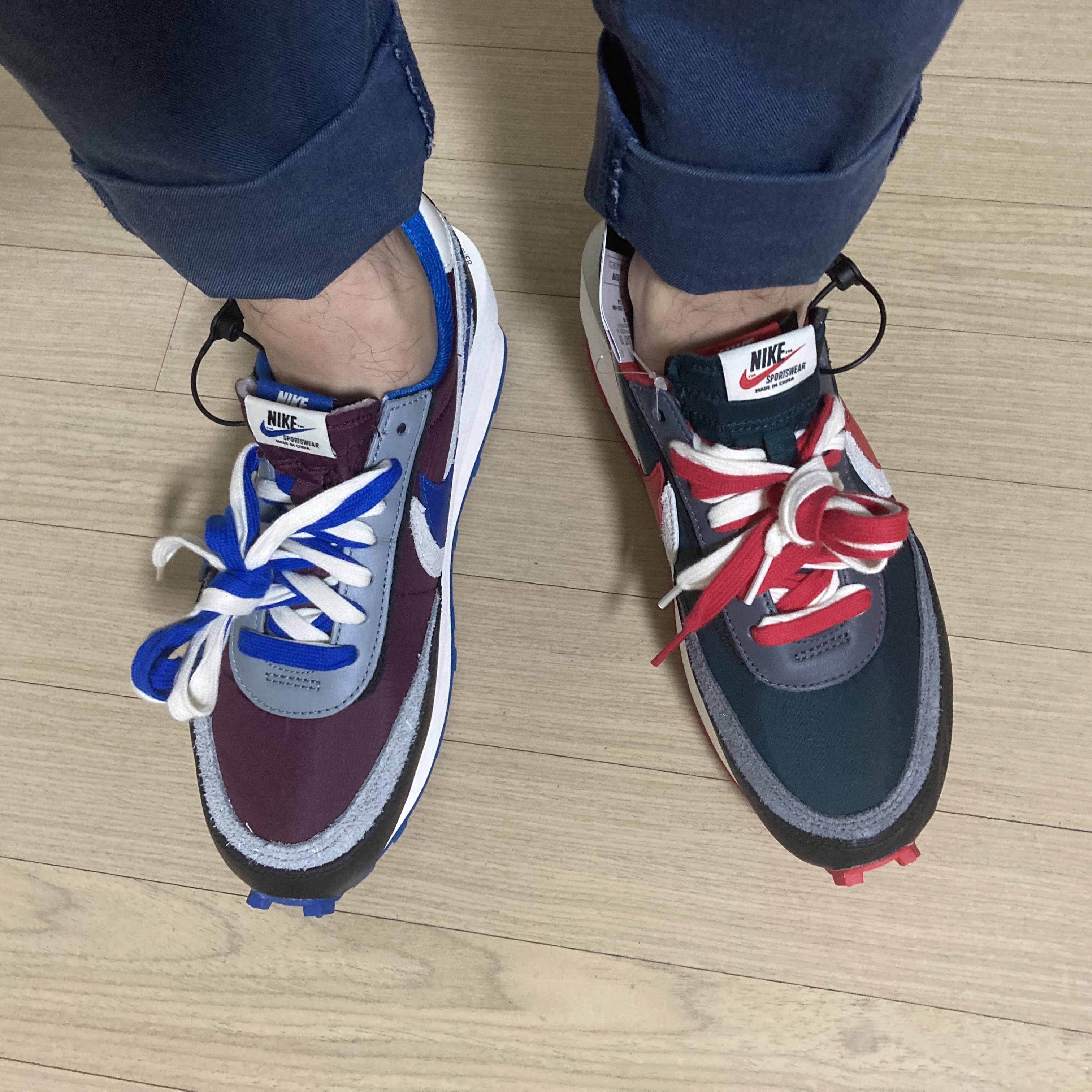 Nike x Sacai x Undercover LDWaffle Night Maroon Team Royal, Nike x Sacai x Undercover LDWaffle Midnight Spruce University Red 착용 스타일