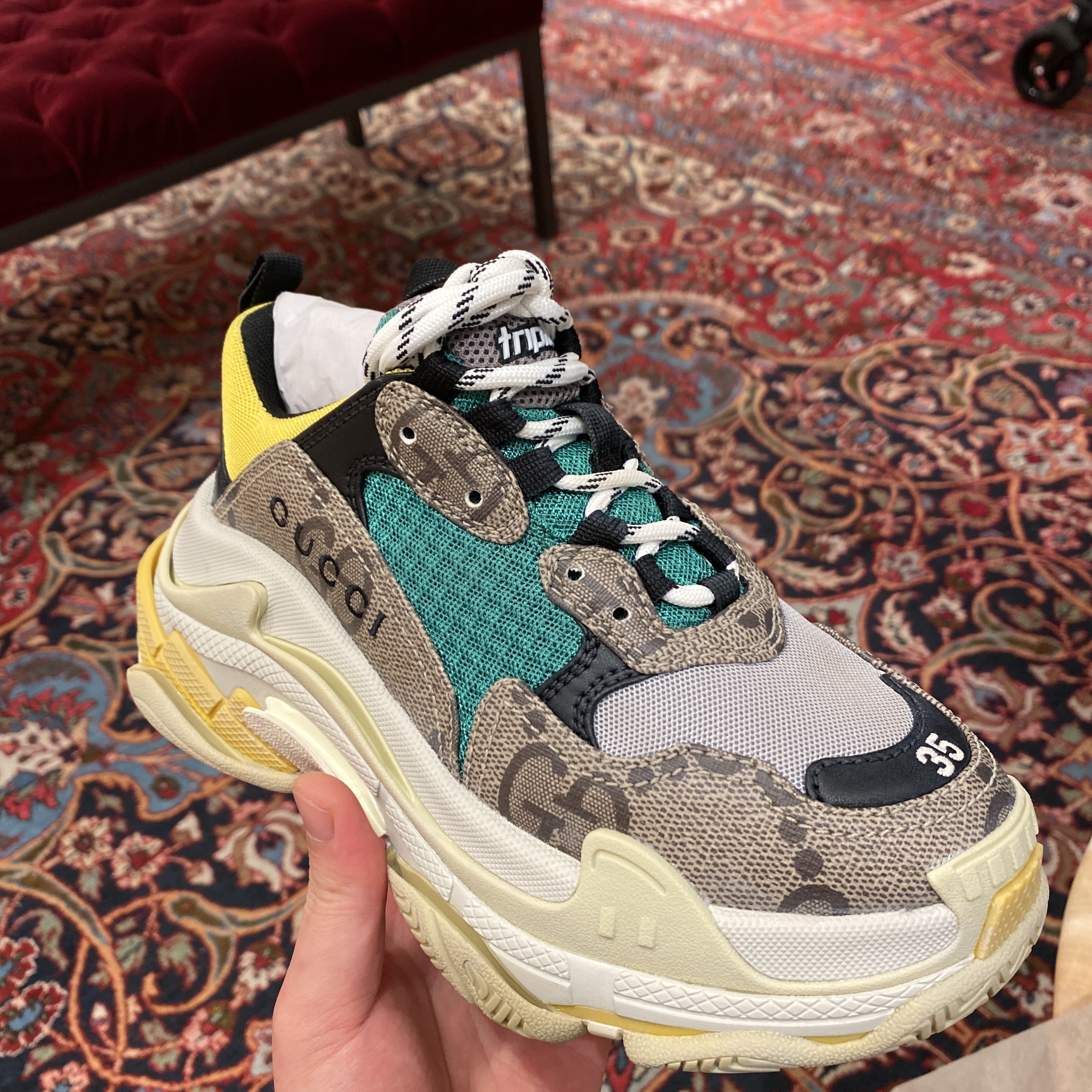 (W) Balenciaga x Gucci The Hacker Project Triple S Sneakers Beige Ebony GG Supreme Yellow Green 착용 스타일