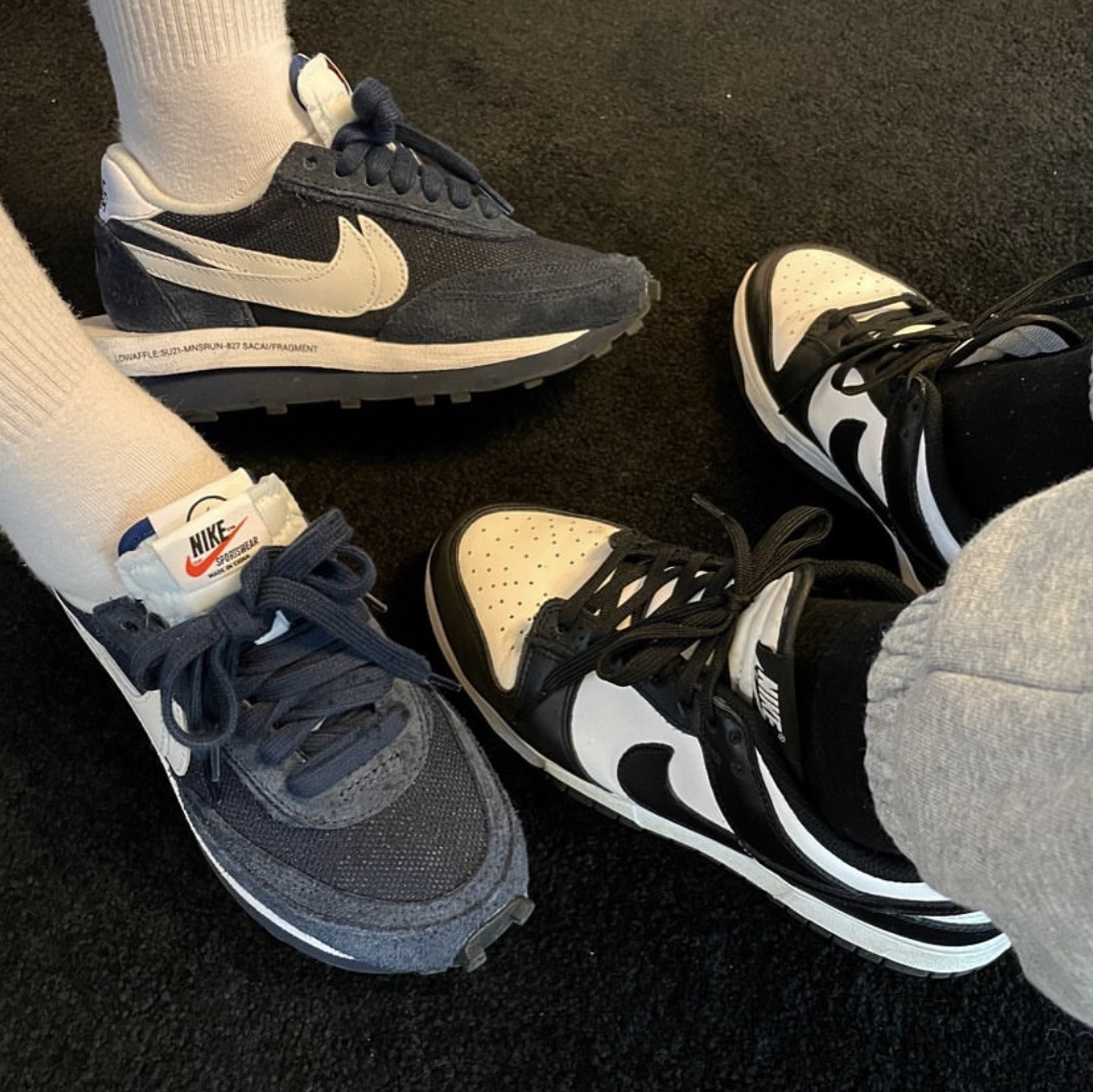 (W) Nike Dunk Low Black, Nike x Sacai x Fragment LDWaffle Blackened Blue 착용 스타일