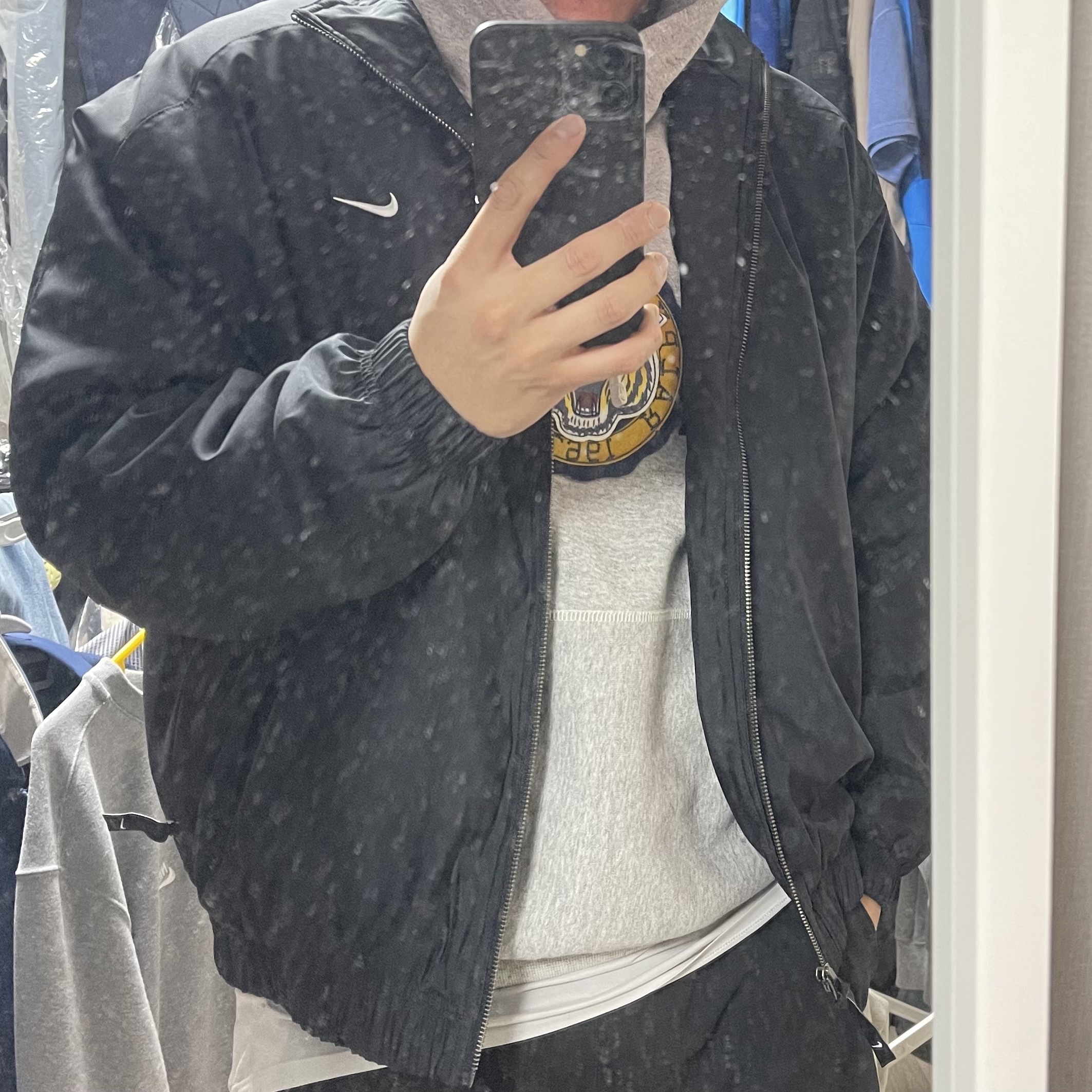 Nike NRG Solo Swoosh Satin Bomber Jacket Black Kumquat - Asia 착용 스타일