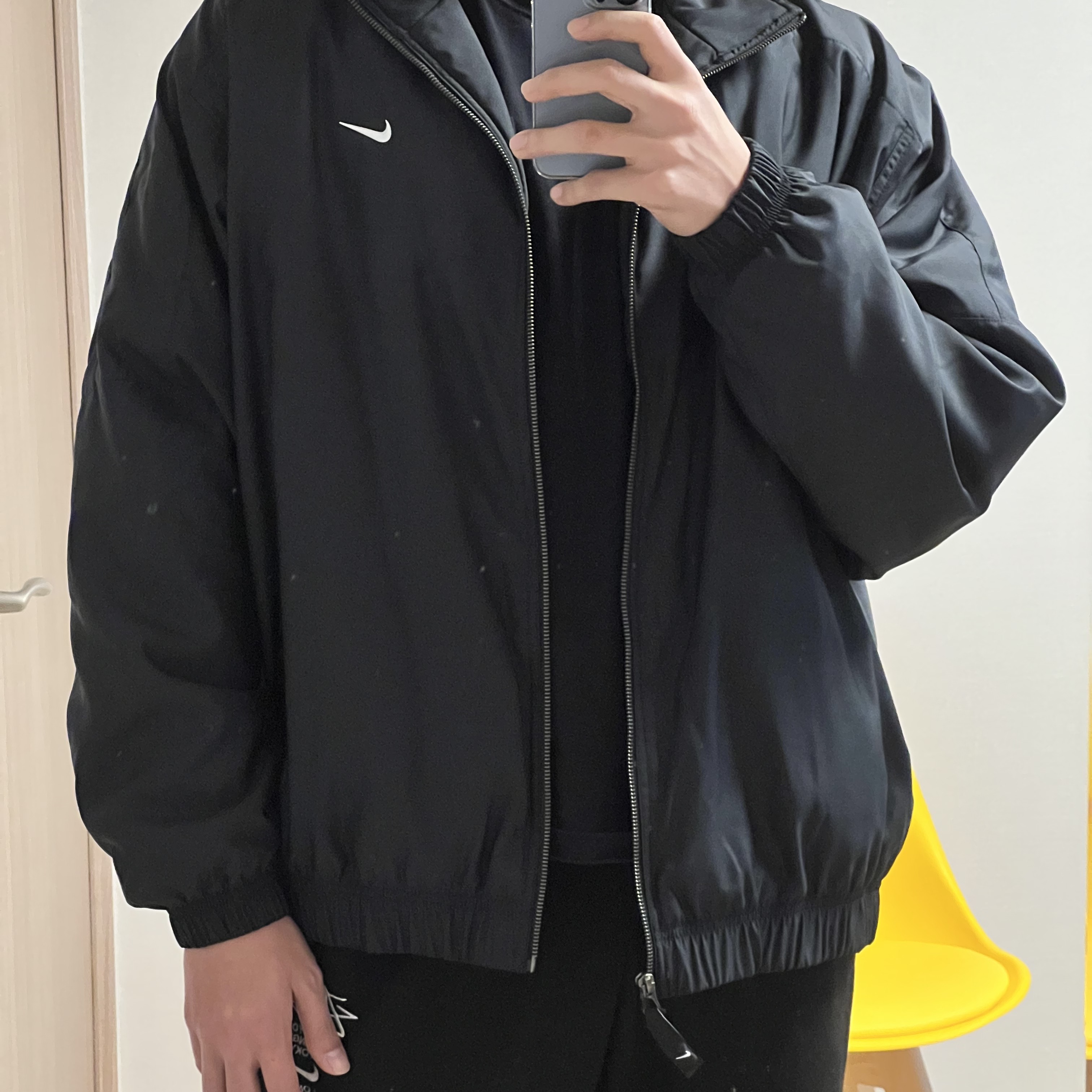 Nike NRG Solo Swoosh Satin Bomber Jacket Black Kumquat - US/EU, Nike x Stussy NRG ZR Fleece Pants Black - US/EU 착용 스타일