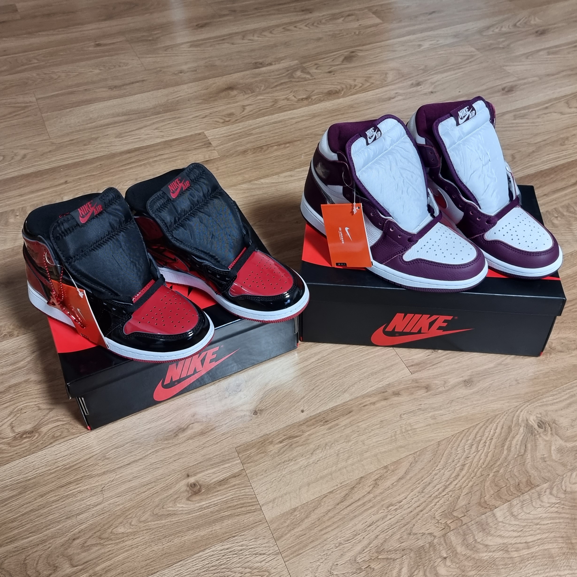Jordan 1 Retro High OG Bordeaux, (GS) Jordan 1 Retro High OG Patent Bred 착용 스타일 - 1