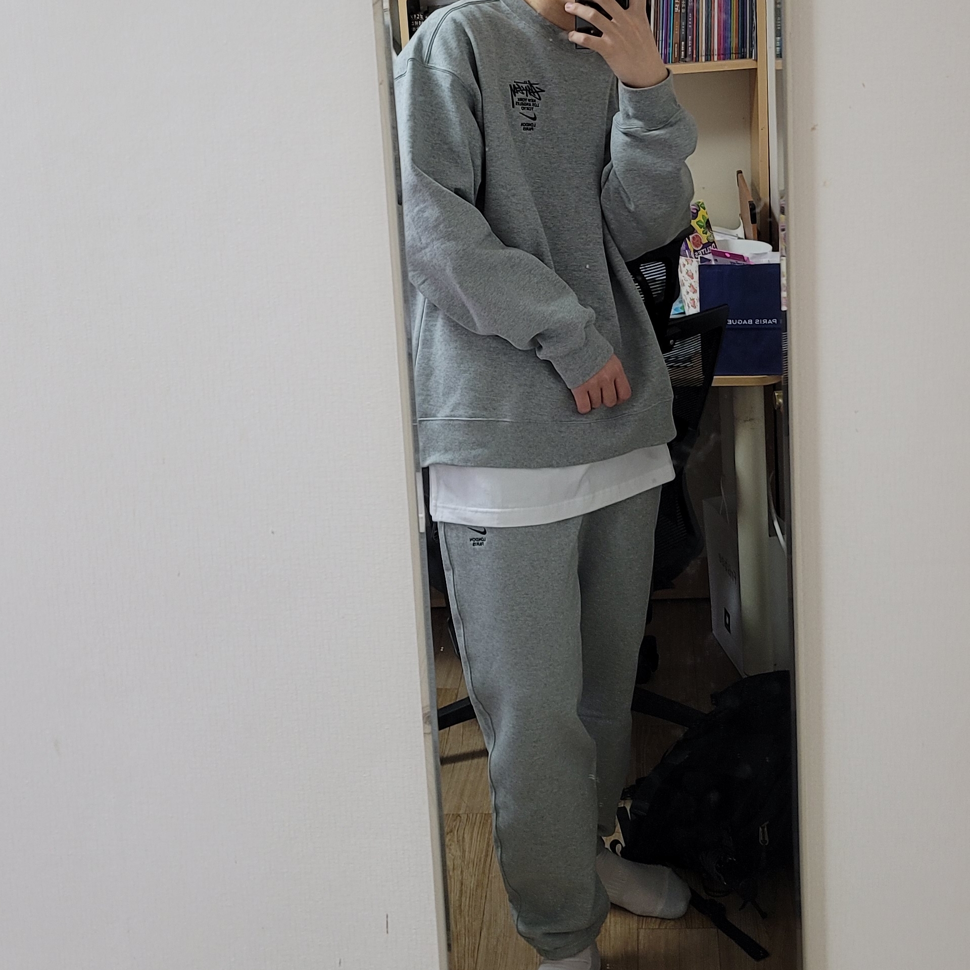 Nike x Stussy NRG ZR Fleece Crewneck Heather Grey - US/EU, Nike x Stussy NRG ZR Fleece Pants Heather Grey - US/EU 착용 스타일