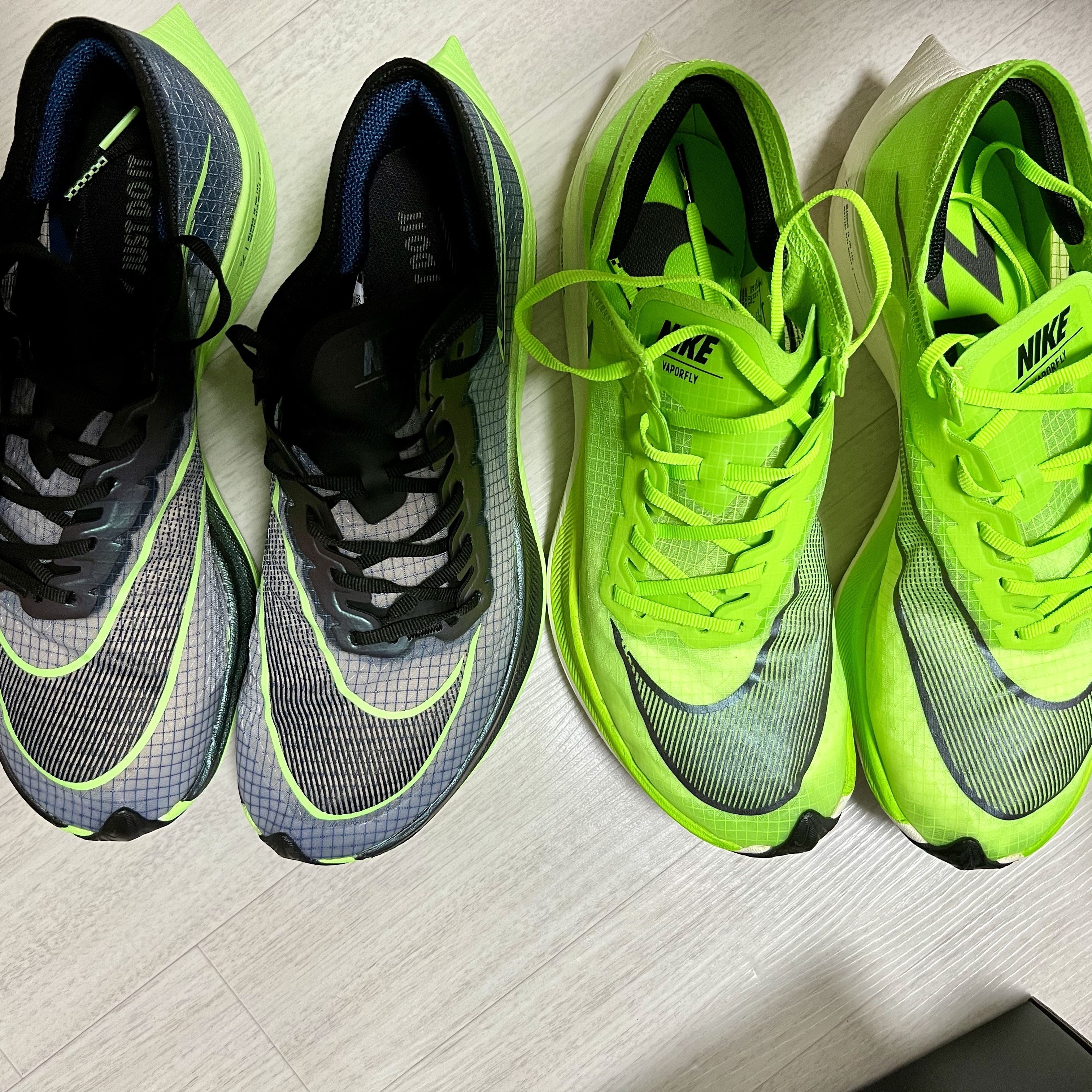 Nike ZoomX Vaporfly Next% Electric Green, Nike ZoomX VaporFly Next% Valerian Blue 착용 스타일