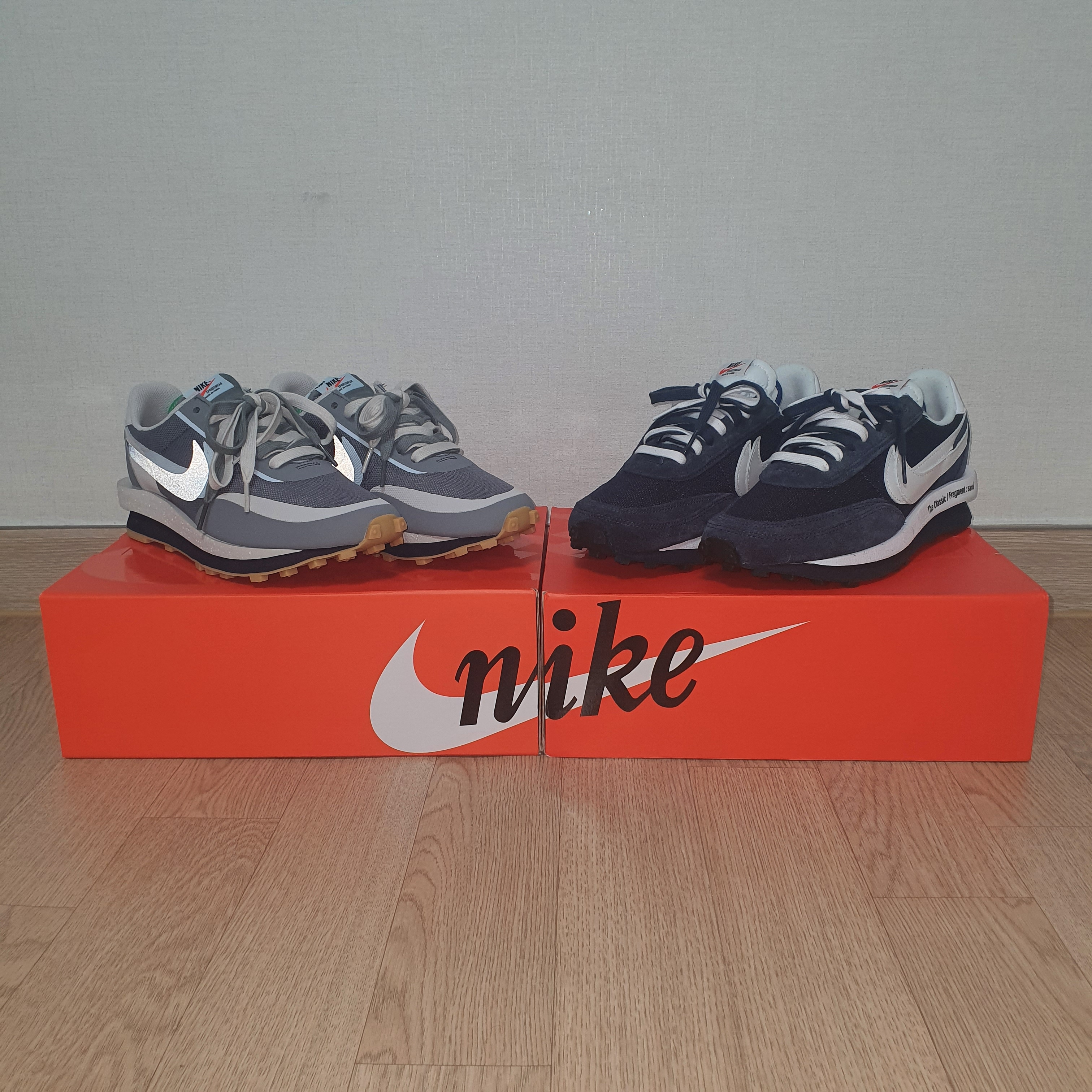 Nike x Sacai x Clot LDWaffle Cool Grey, Nike x Sacai x Fragment LDWaffle Blackened Blue 착용 스타일