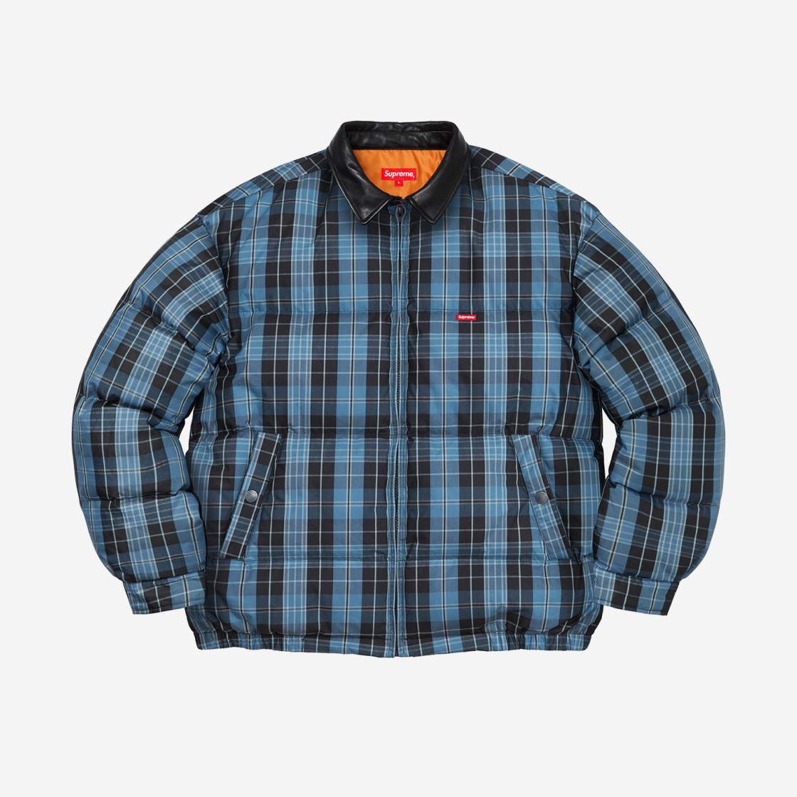 Supreme Leather Collar Puffy Jacket Blue Plaid - 19FW 상세 이미지 1