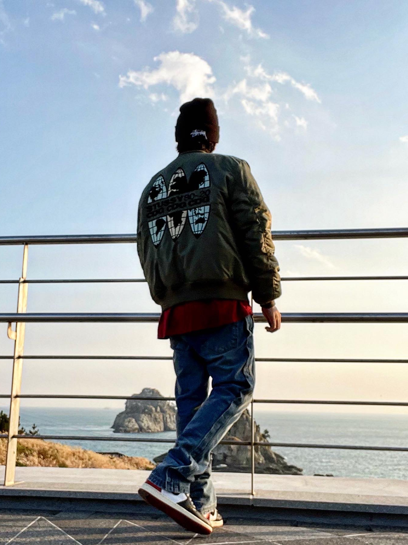 Stussy x CDG MA-1 Jacket Olive, Jordan 1 x Union Retro High Black Toe 착용 스타일 - 1
