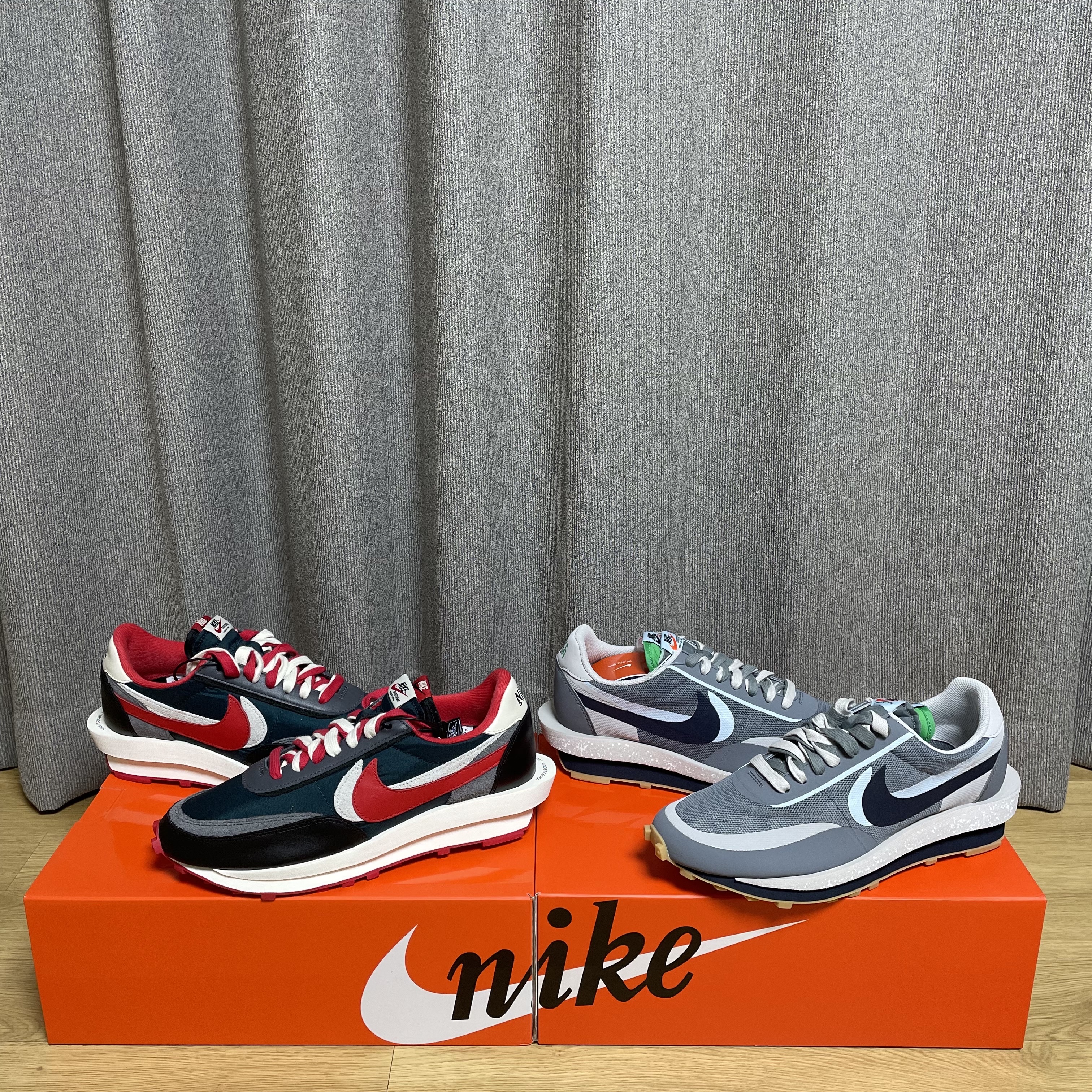 Nike x Sacai x Undercover LDWaffle Midnight Spruce University Red, Nike x Sacai x Clot LDWaffle Cool Grey 착용 스타일