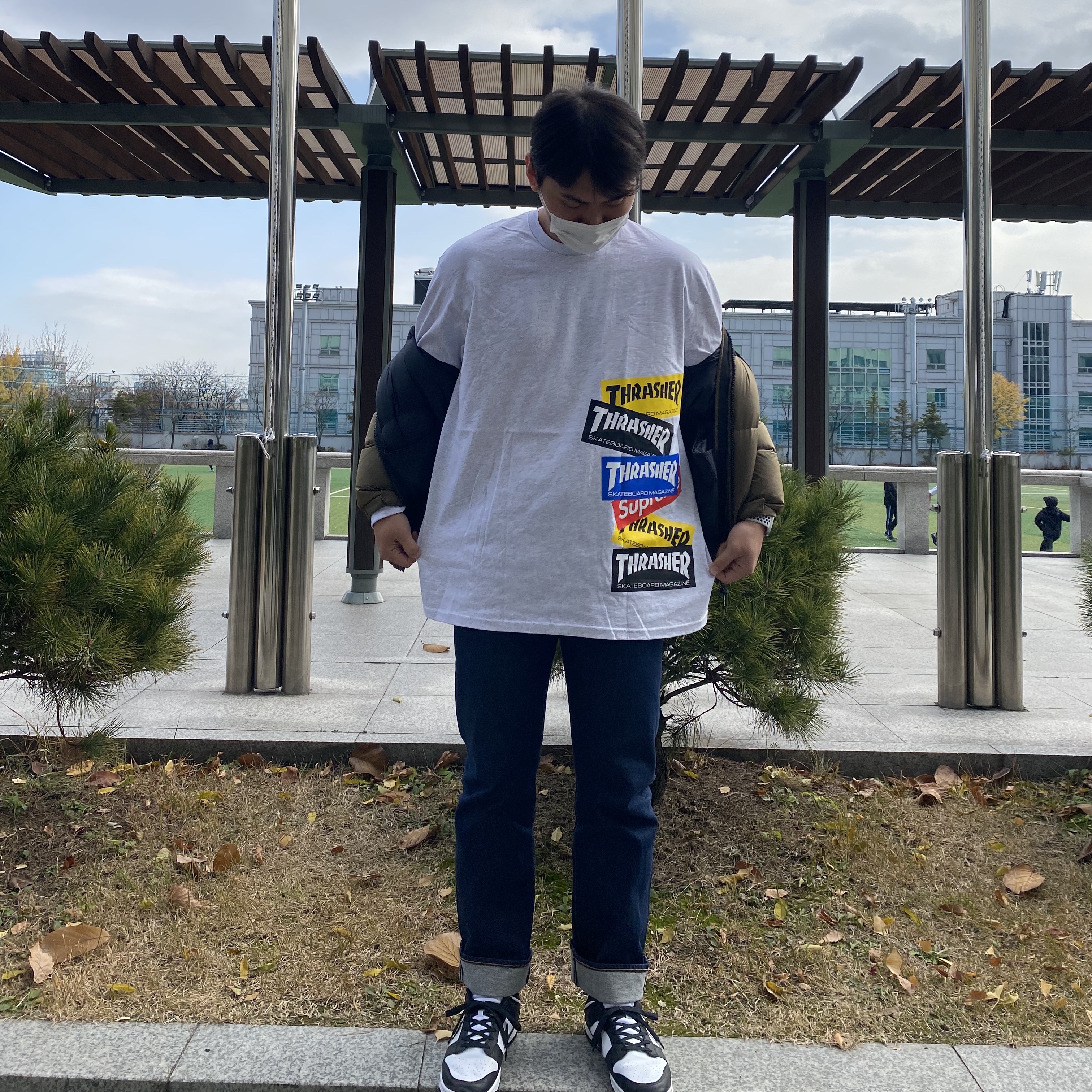 Supreme x Thrasher Multi Logo L/S T-Shirt Ash Grey - 21FW, Nike Dunk Low Retro Black 착용 스타일