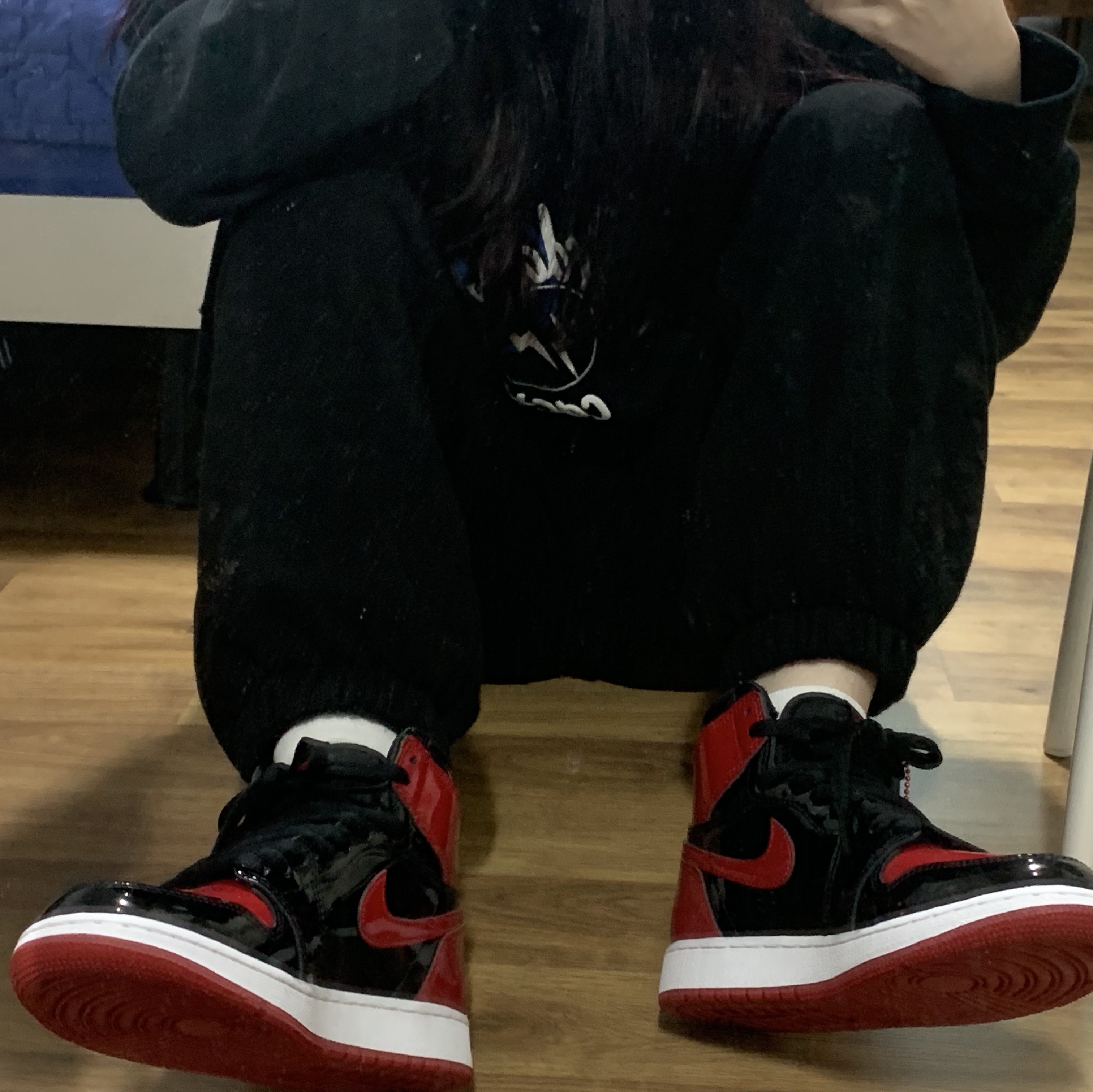 (GS) Jordan 1 Retro High OG Patent Bred, Jordan x Travis Scott x Fragment Hoodie Black (DJ0615-010) 착용 스타일