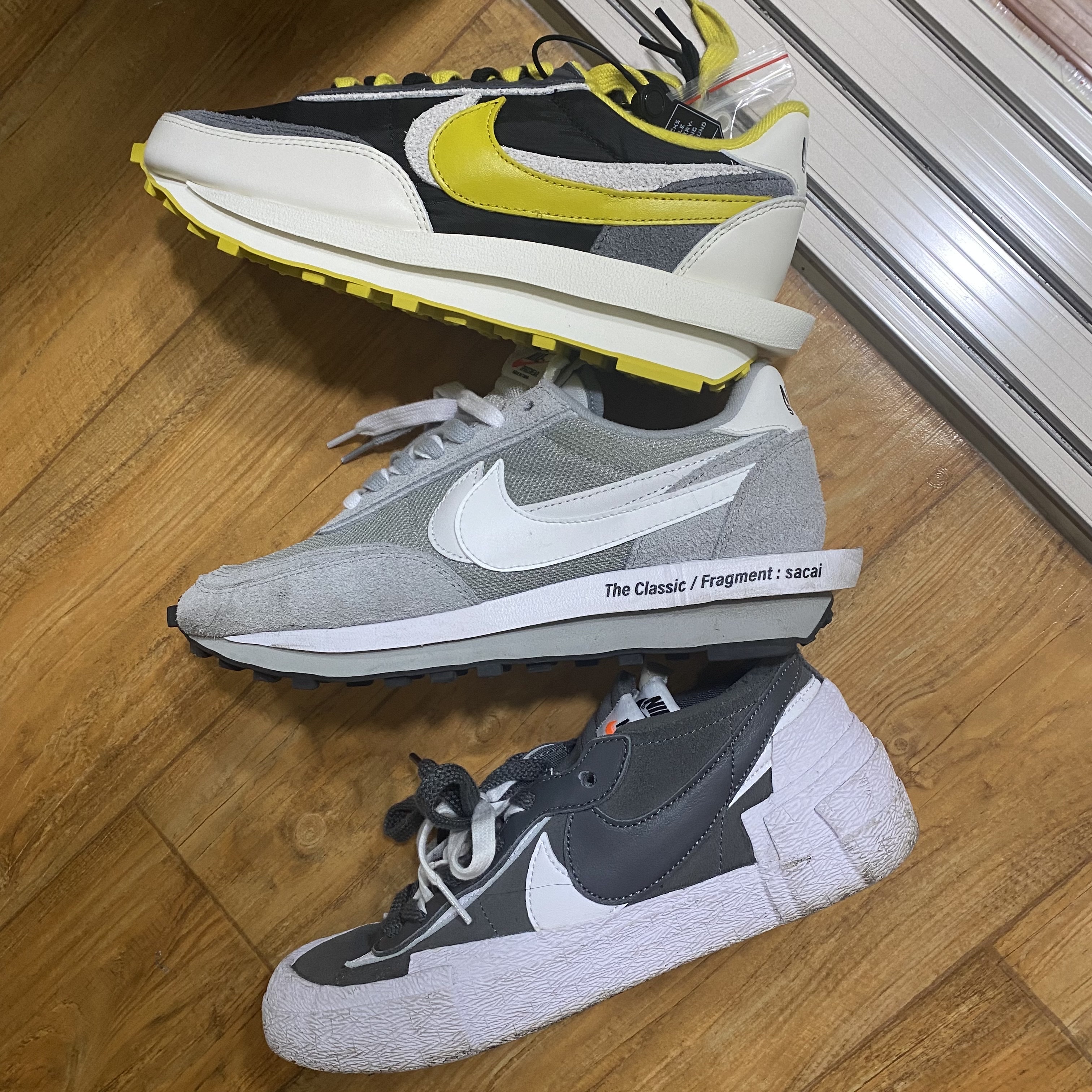 Nike x Sacai x Undercover LDWaffle Black Bright Citron, Nike x Sacai x Fragment LDWaffle Light Smoke Grey 착용 스타일