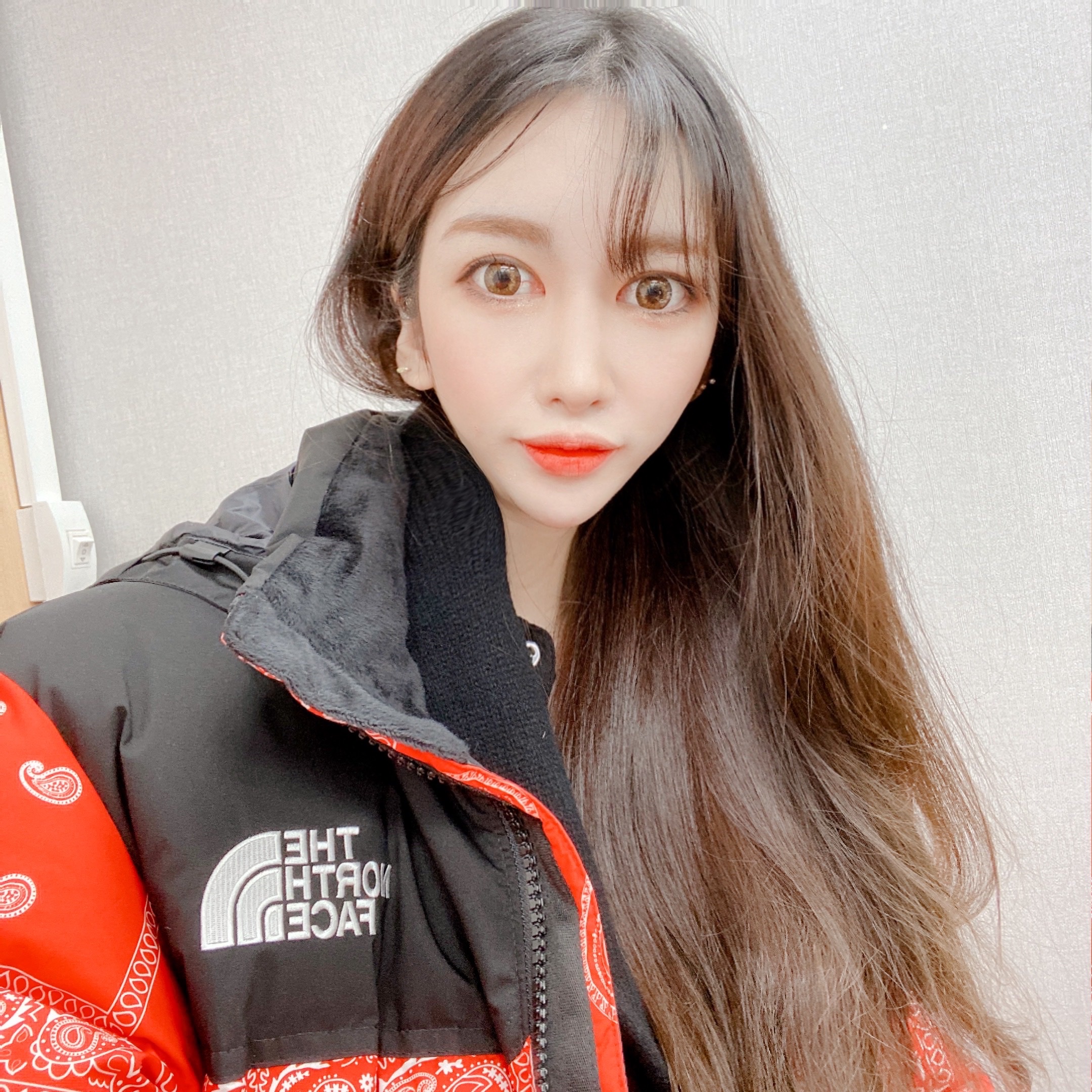 The North Face Nuptse Down Jacket Red 착용 스타일