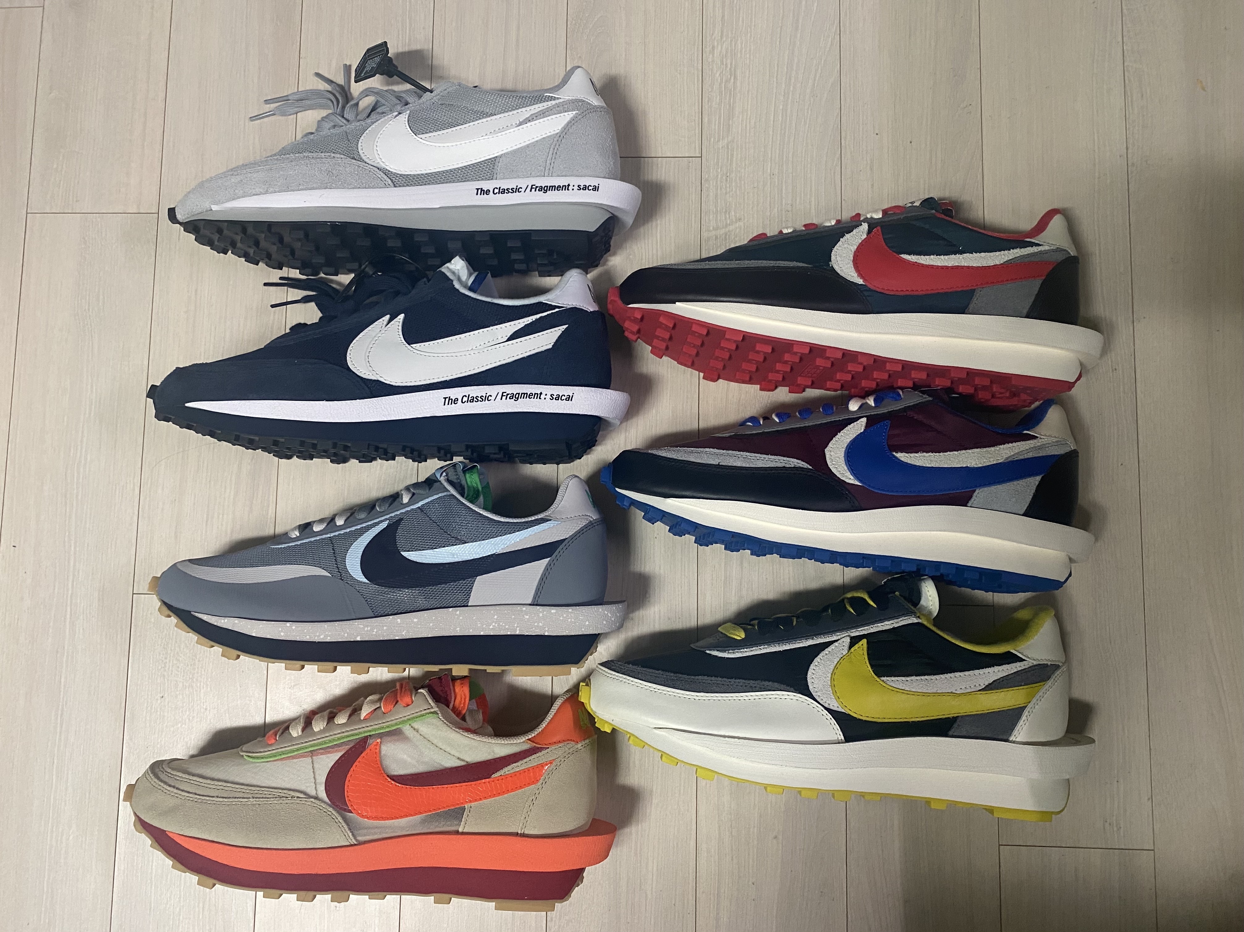 Nike x Sacai x Fragment LDWaffle Light Smoke Grey, Nike x Sacai x Fragment LDWaffle Blackened Blue 착용 스타일 - 1