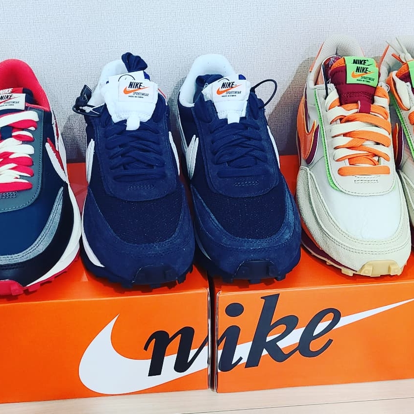 Nike x Sacai x Fragment LDWaffle Blackened Blue, Nike x Sacai x Undercover LDWaffle Midnight Spruce University Red 착용 스타일 - 1