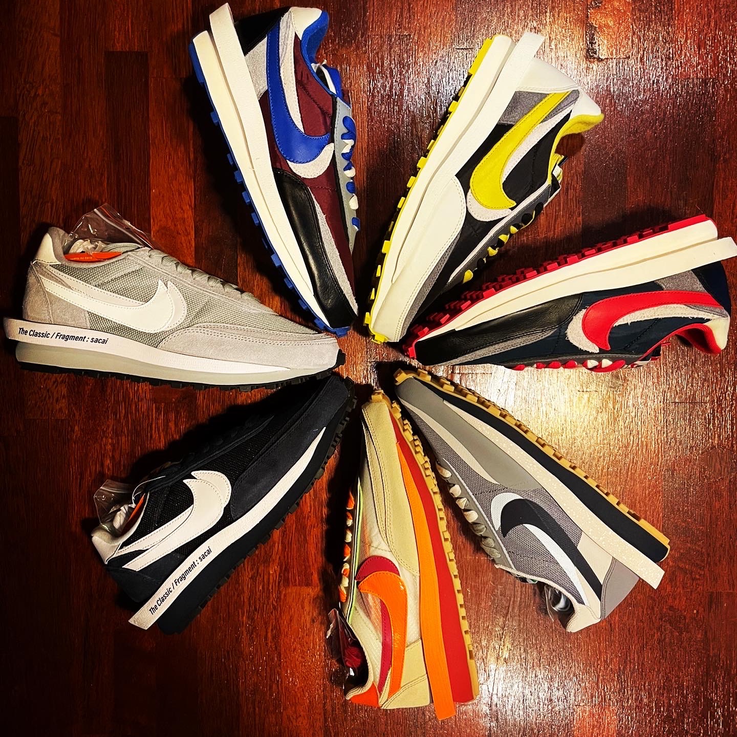 Nike x Sacai x Fragment LDWaffle Light Smoke Grey, Nike x Sacai x Fragment LDWaffle Blackened Blue 착용 스타일