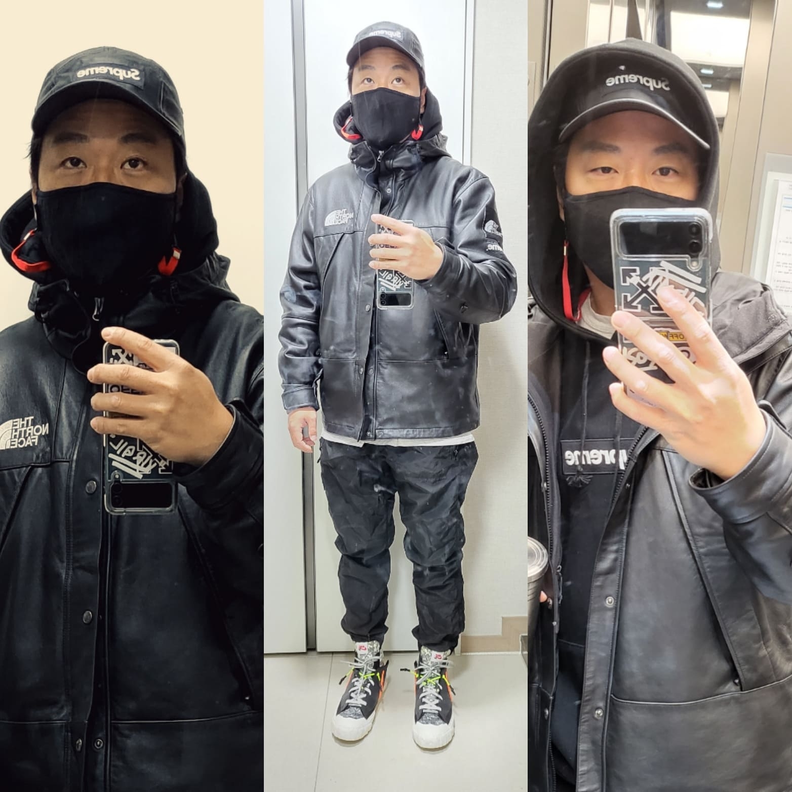 Supreme x The North Face Leather Mountain Parka Black - 18FW, Nike x Readymade Blazer Mid Black 착용 스타일