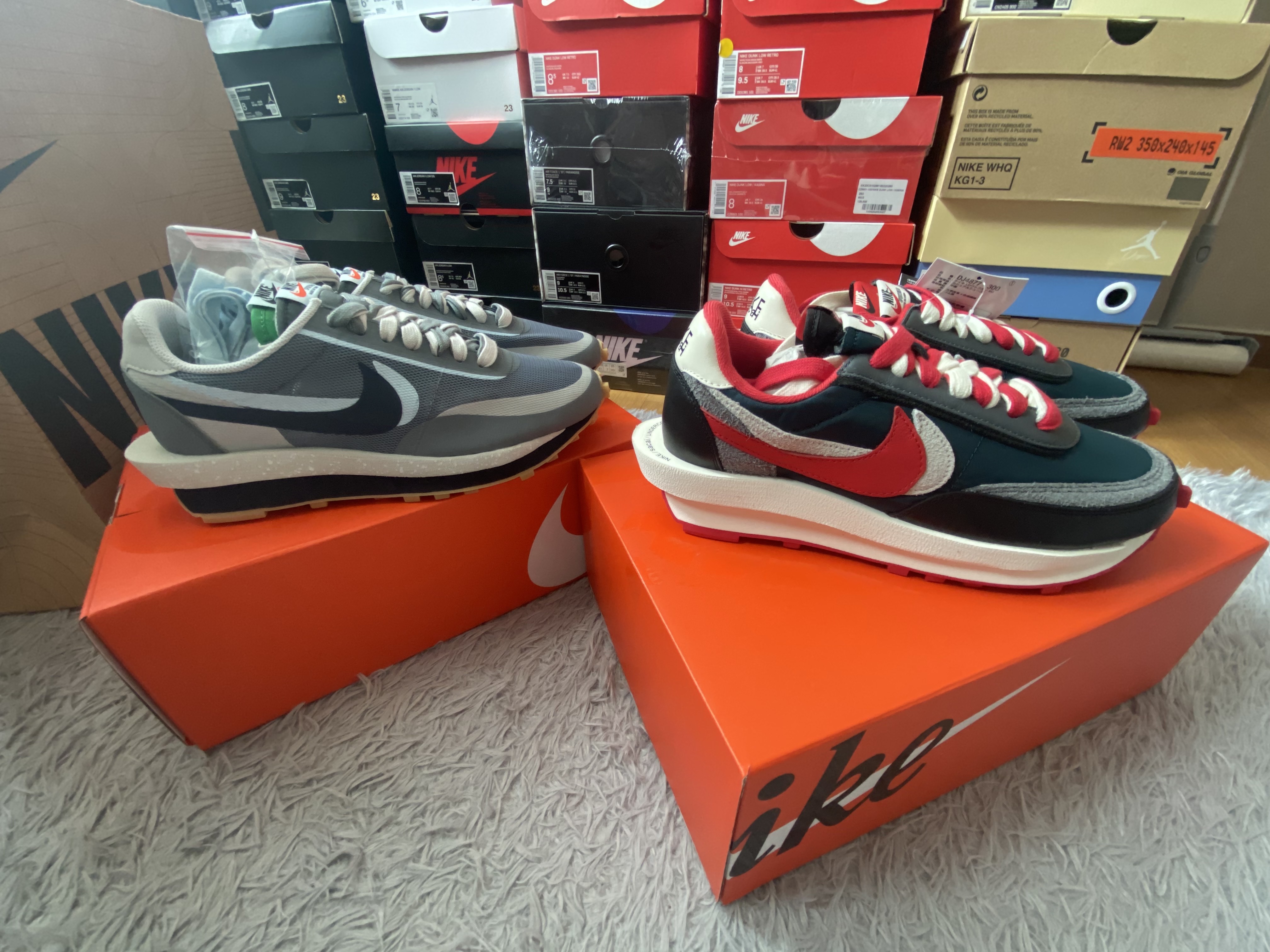 Nike x Sacai x Clot LDWaffle Cool Grey, Nike x Sacai x Undercover LDWaffle Midnight Spruce University Red 착용 스타일