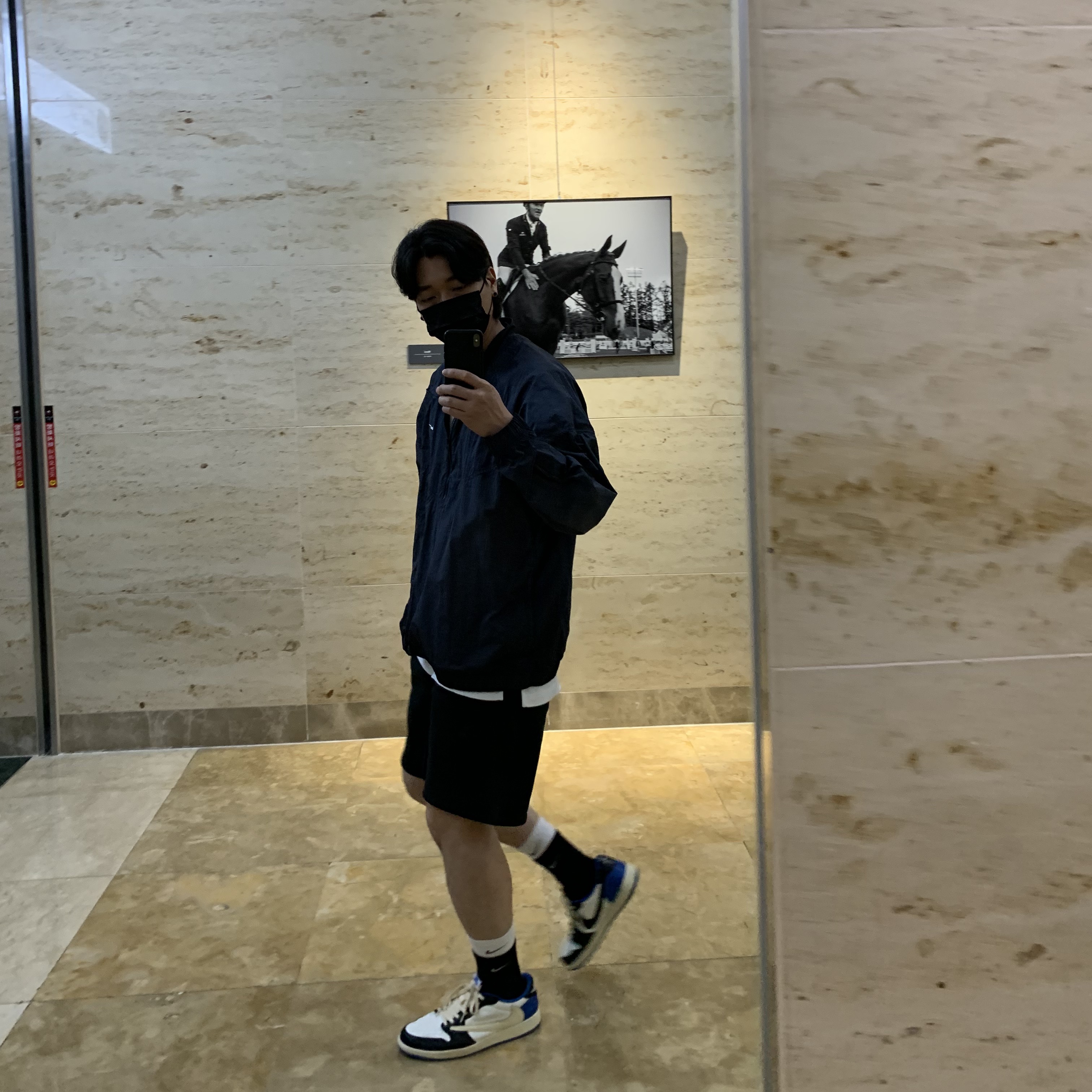 Jordan 1 x Travis Scott x Fragment Retro Low OG SP Military Blue, Essentials Long Sleeve French Terry Polo Black - 21SS 착용 스타일 - 2