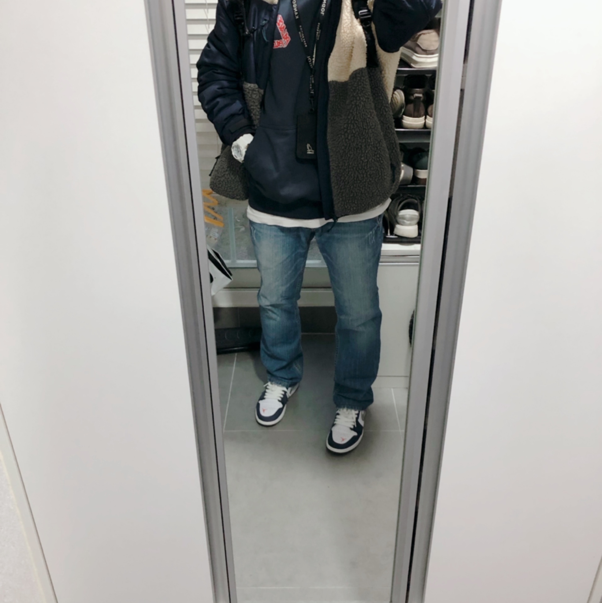 Jordan 1 Low SB Koston Midnight Navy, Palace P3 Team Hood Navy - 20FW 착용 스타일 - 1