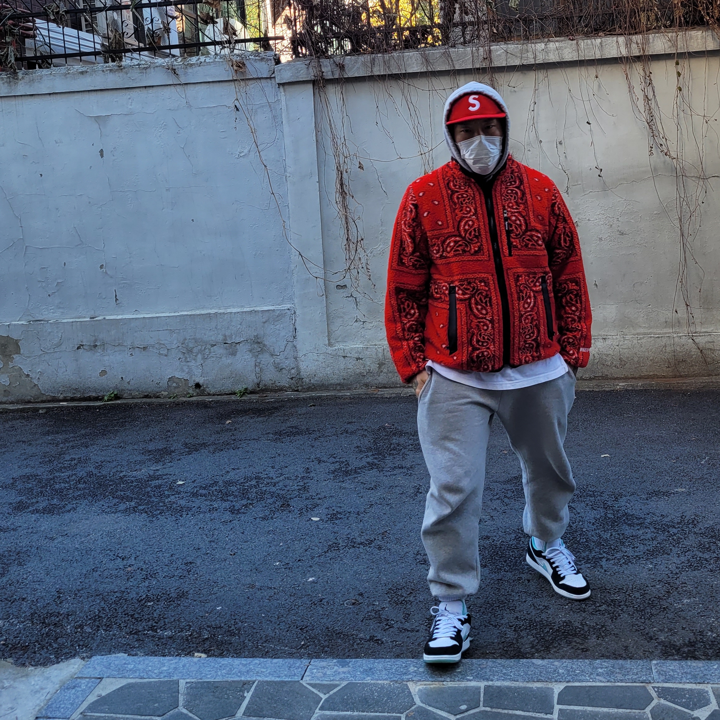 Supreme Reversible Bandana Fleece Jacket Red - 19FW, Jordan 1 Low Island Green 착용 스타일