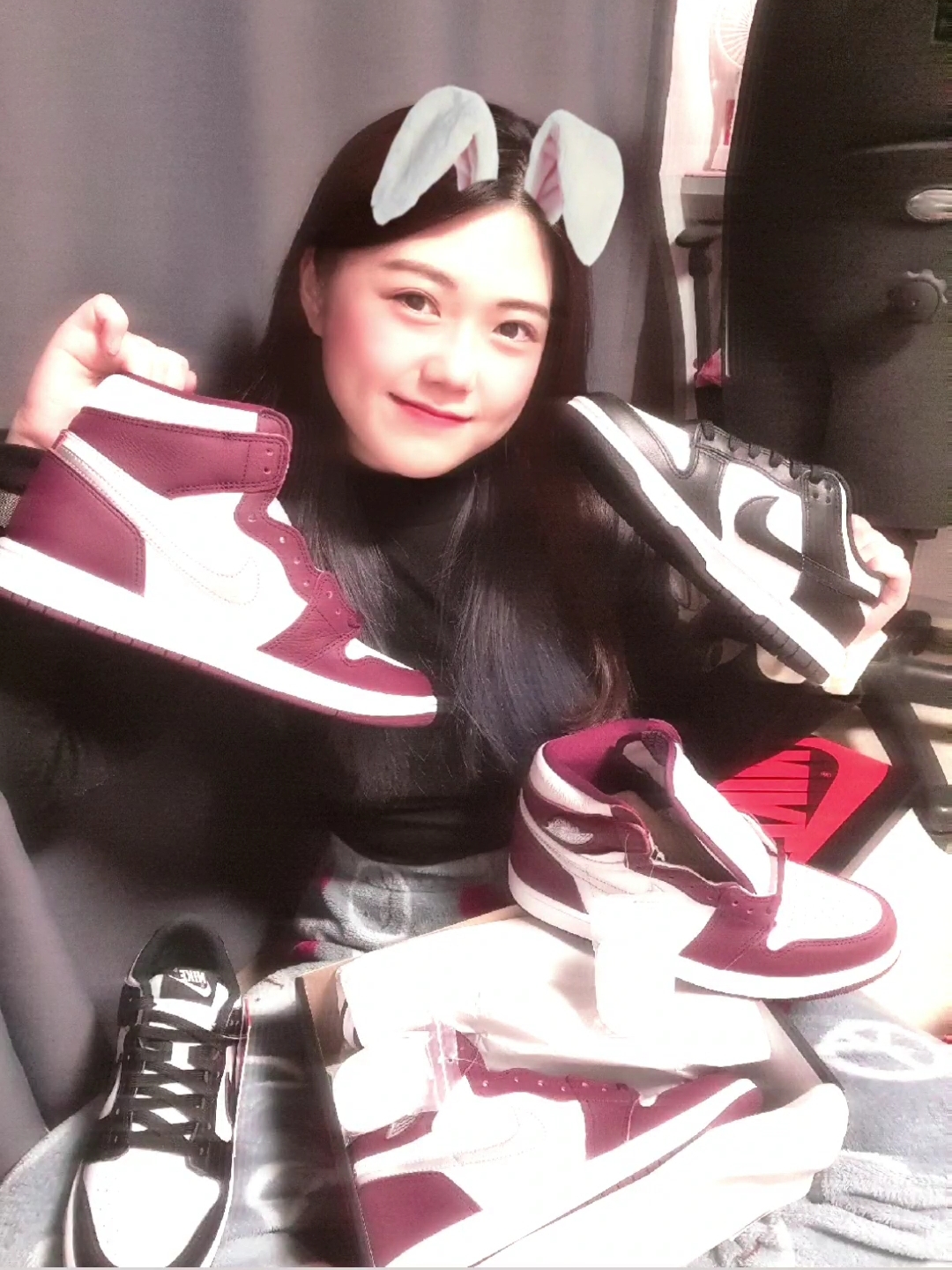 Jordan 1 Retro High OG Bordeaux, (W) Nike Dunk Low Black 착용 스타일