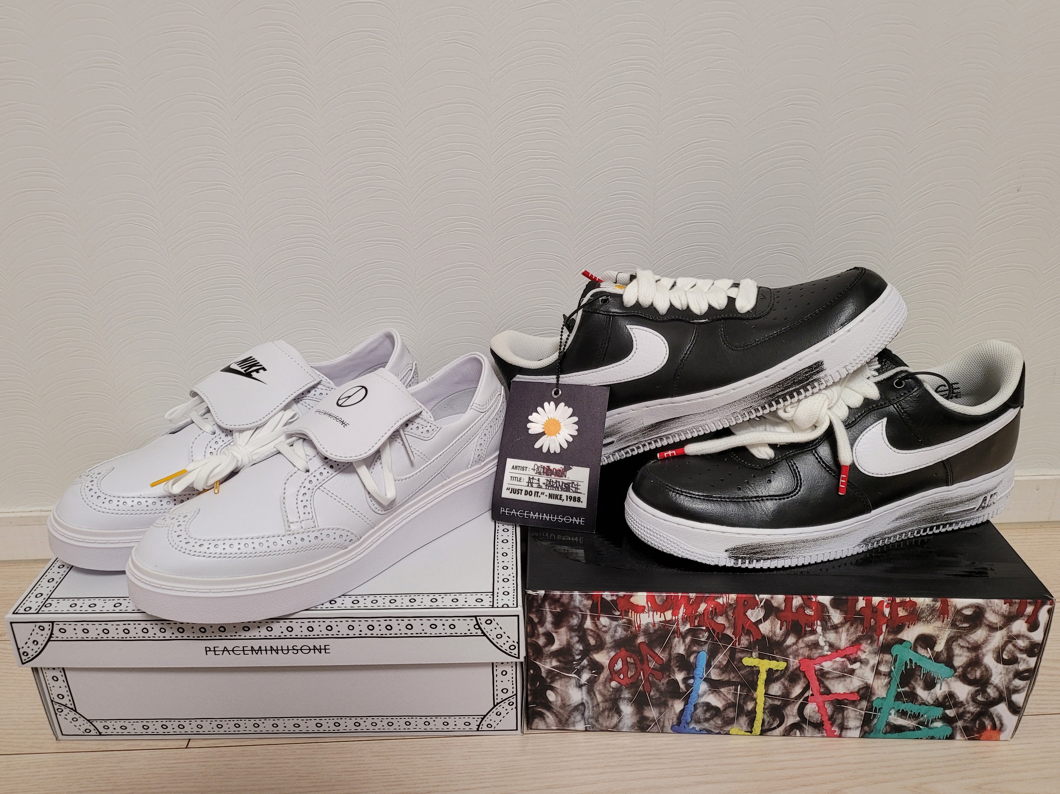 Nike x Peaceminusone Kwondo1 White, Nike x Peaceminusone Air Force 1 Low Para-Noise 착용 스타일