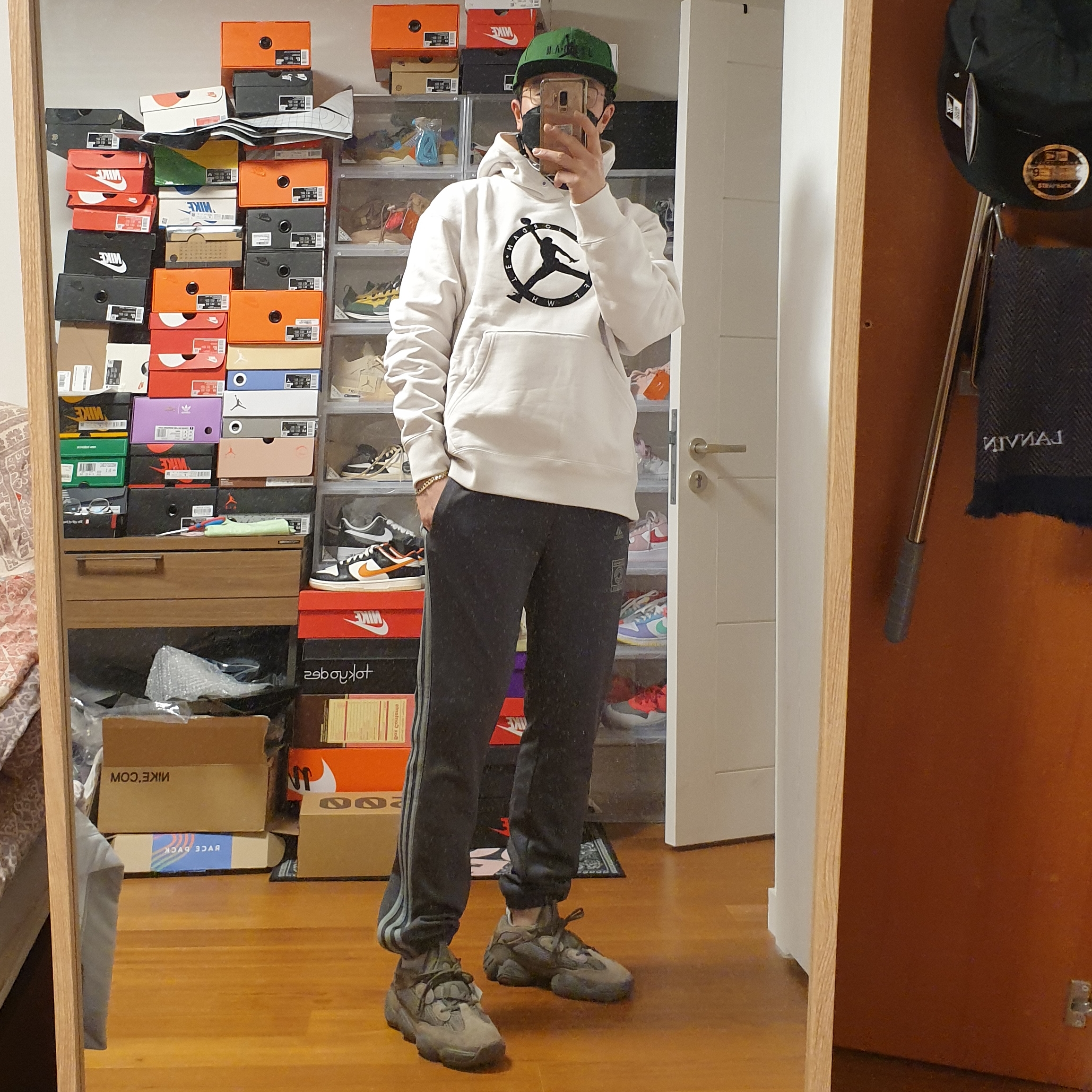 Jordan x Off-White Hoodie Phantom - Asia, Jordan x Off-White Pro Jumpman Air Cap Forest Green 착용 스타일 - 1