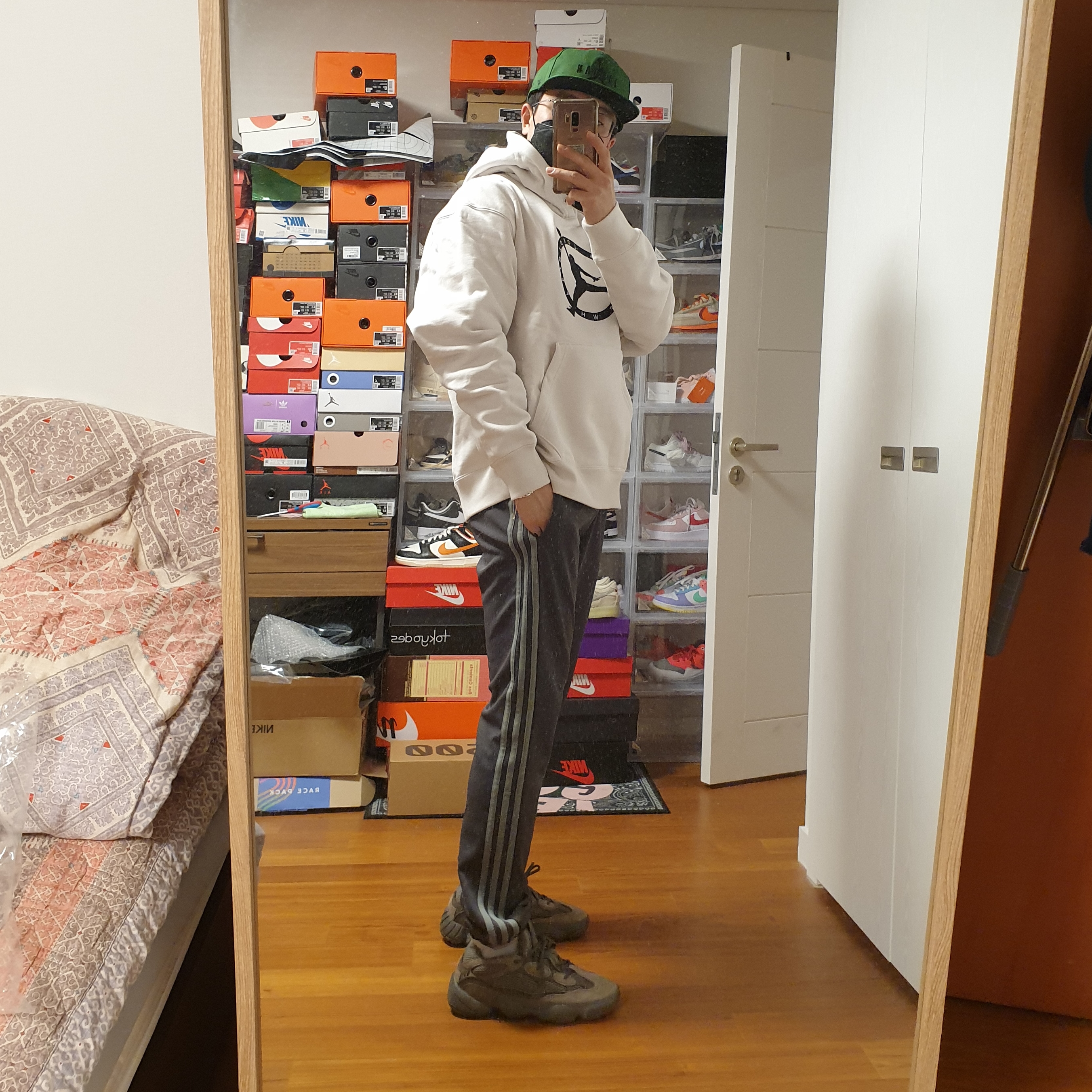 Jordan x Off-White Hoodie Phantom - Asia, Jordan x Off-White Pro Jumpman Air Cap Forest Green 착용 스타일 - 2